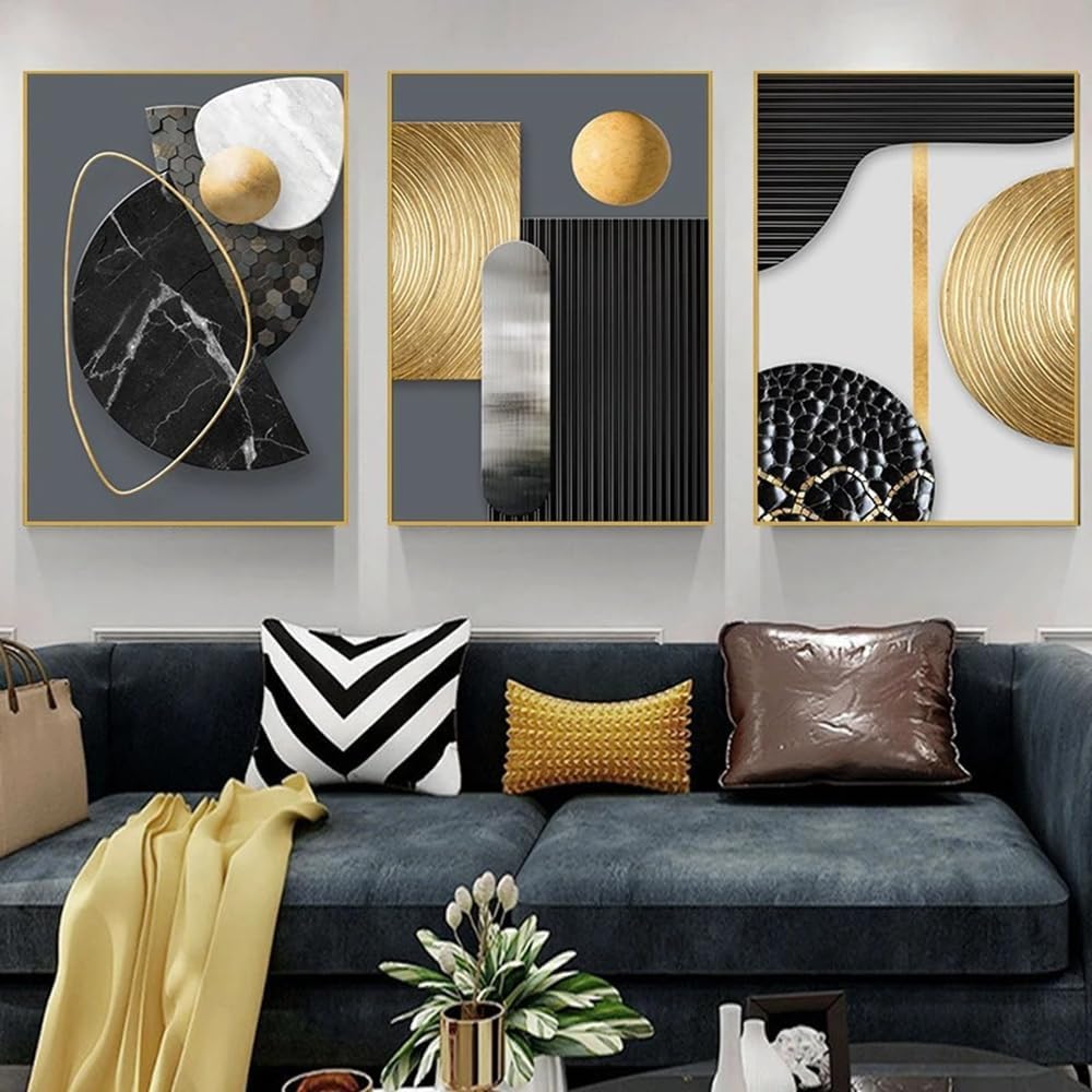Zestaw 3 plakatów na płótnie – Abstrakcyjny obraz geometryczny – Czarno-biały – Złoty marmur – Sztuka ścienna – Bez ramy – 40 x 60 cm