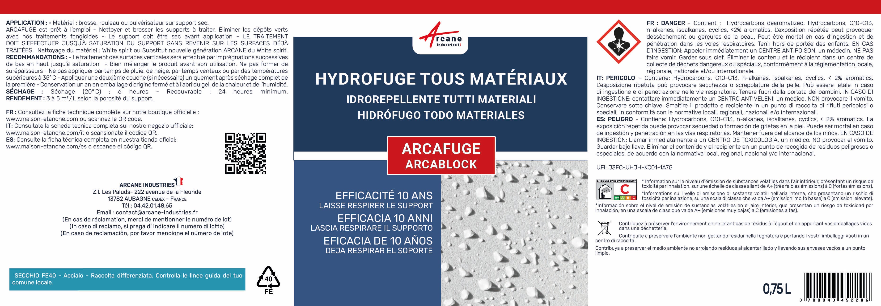 Produit Hydrofuge - Imperméabilisant tuiles, murs, sols poreux - ARCAFUGE - 20 L (jusqu'à 100 m²) - ARCANE INDUSTRIES - 7