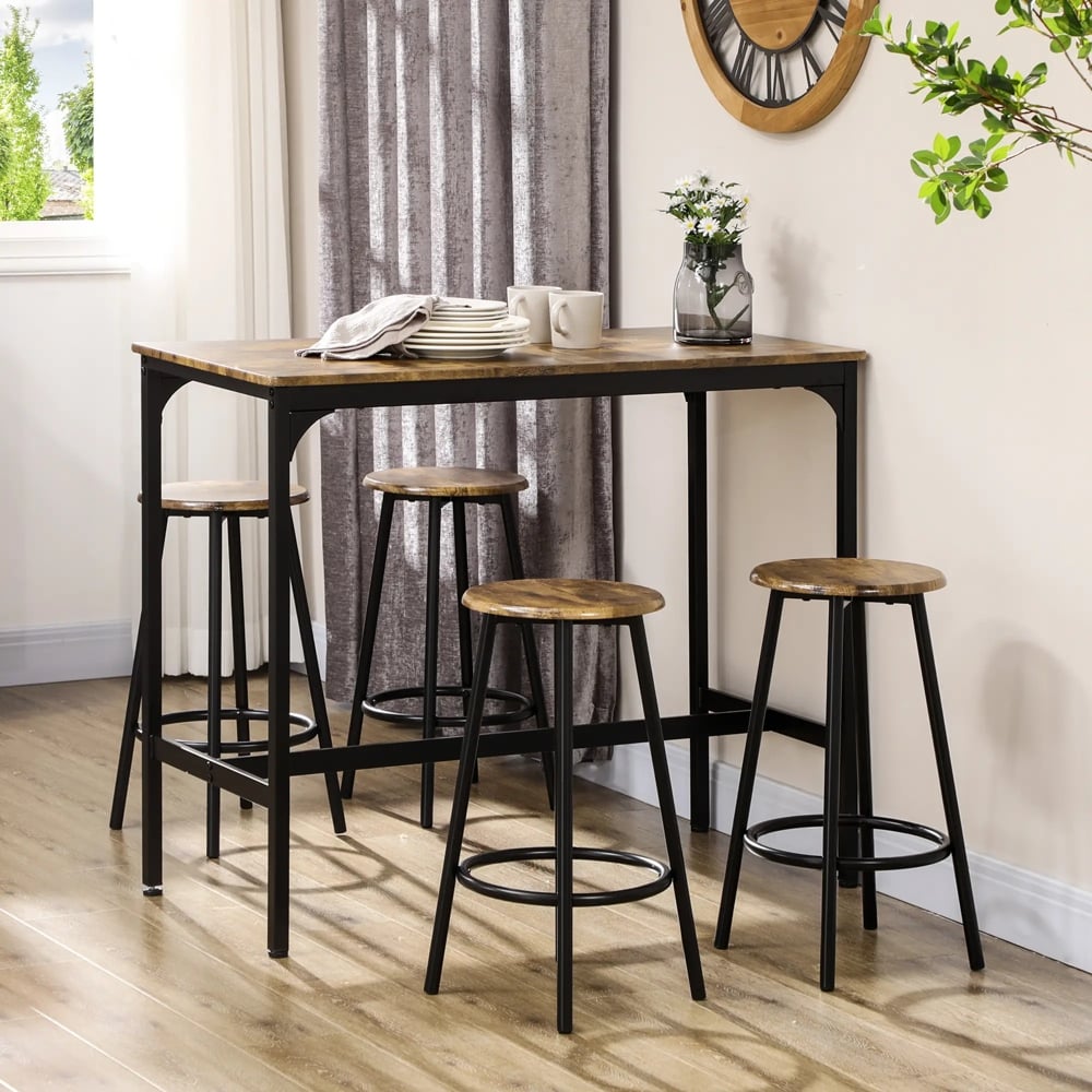Set Tavolo Da Pranzo E 4 Sedie Imbottite, 5 Pezzi, Tavolo 120x60x90,5 Cm In MDF Con Gambe In Metallo, Sedie 39x29x64,5 Cm, Marrone Vintage, Per Cucina E Soggiorno