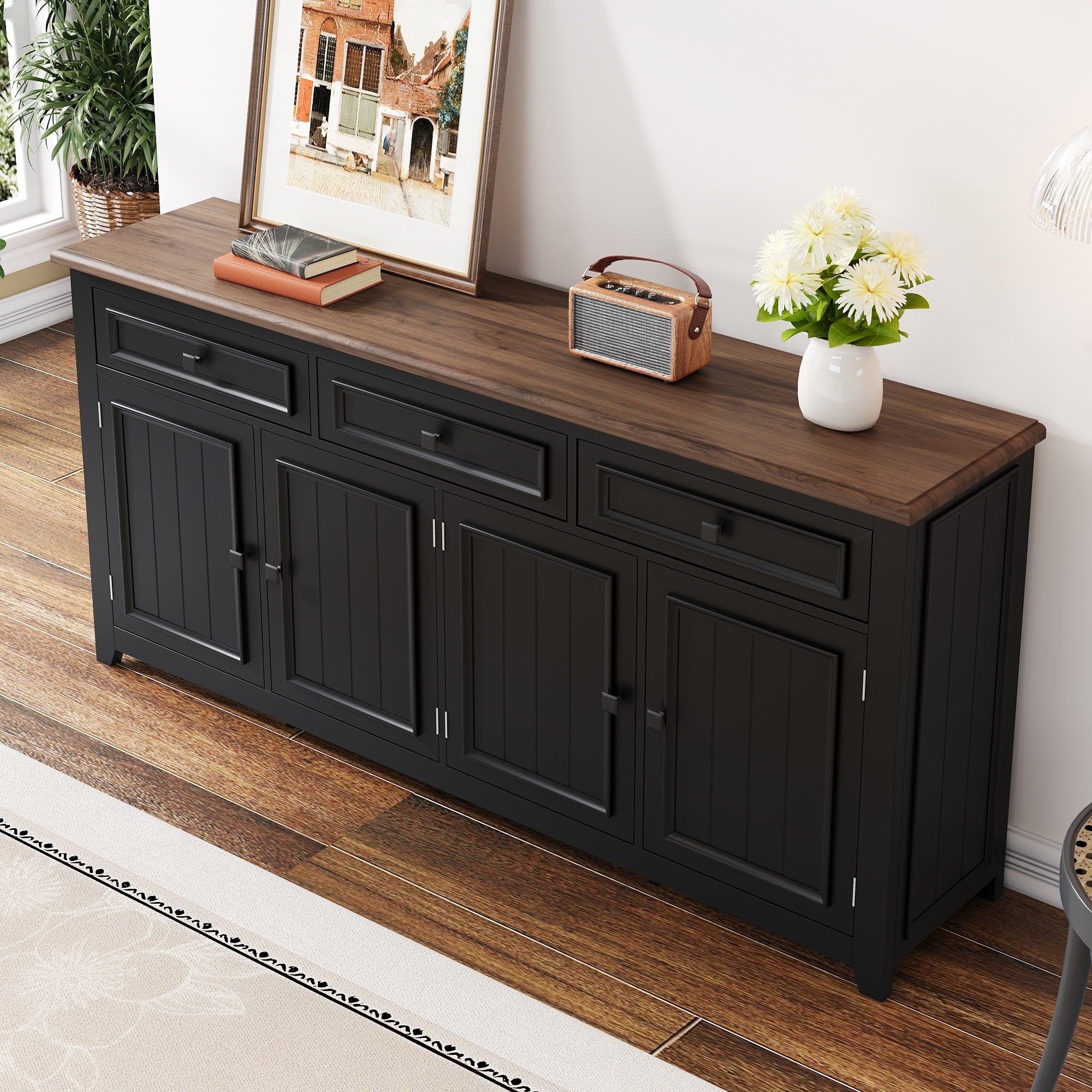 Nowoczesna komoda z 3 drzwiami i 2 szufladami - 160 x 35 x 76 cm - MDF - do salonu, kuchni - czarna - 9