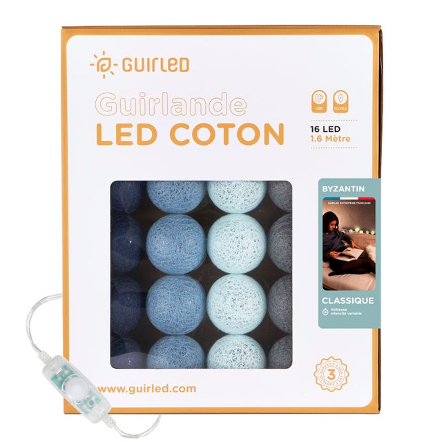Guirlande Lumineuse Boules Coton Led Usb - Veilleuse Bébé 2h - Adaptateur Secteur Double Usb 2a Inclus - 3 Intensités - 16 Boules 3,2m - Byzantin