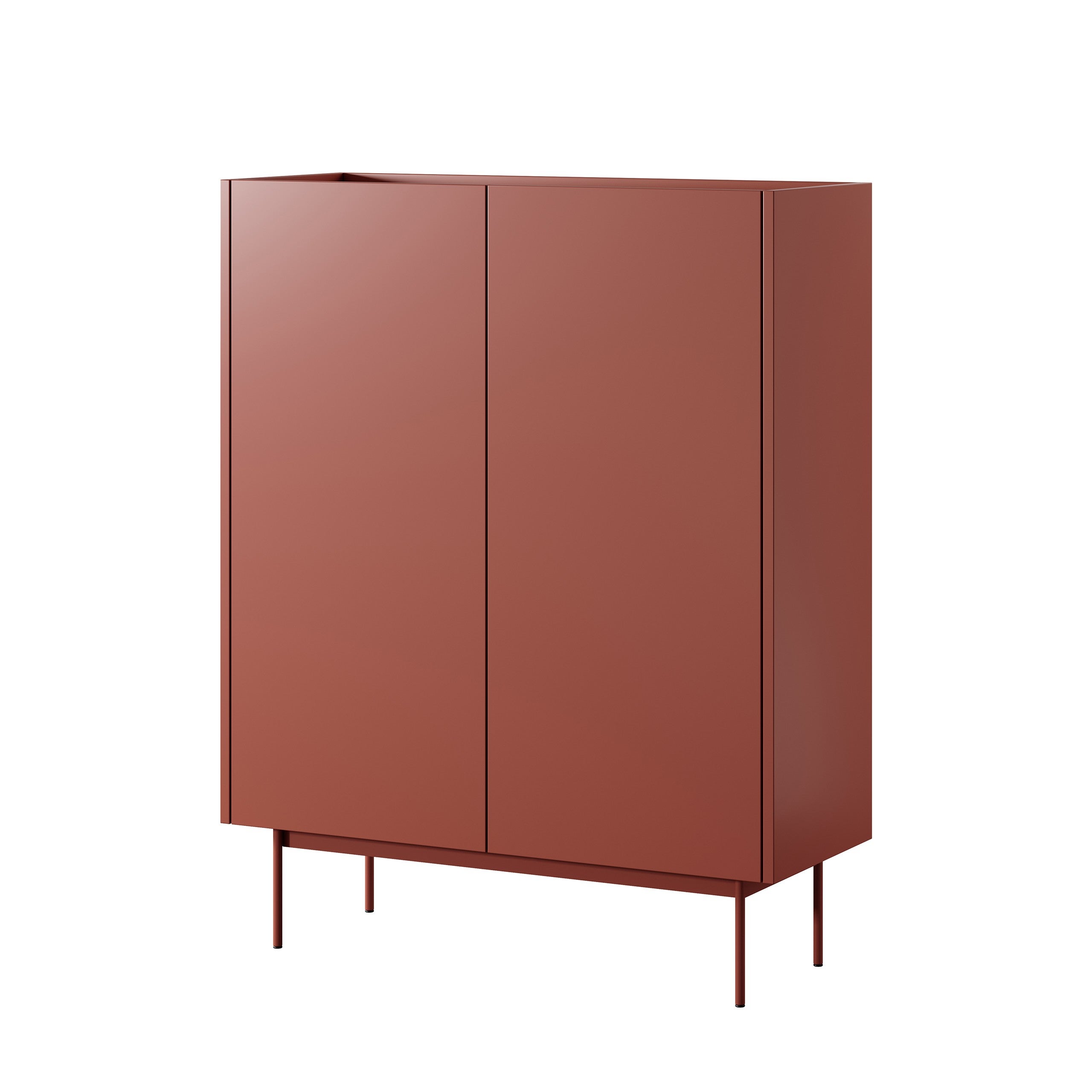 Wysoka komoda COLOR ceglasty czerwony mat z blatem dąb linea, 4 drzwi, bezuchwytowa, nowoczesna na metalowych nogach
