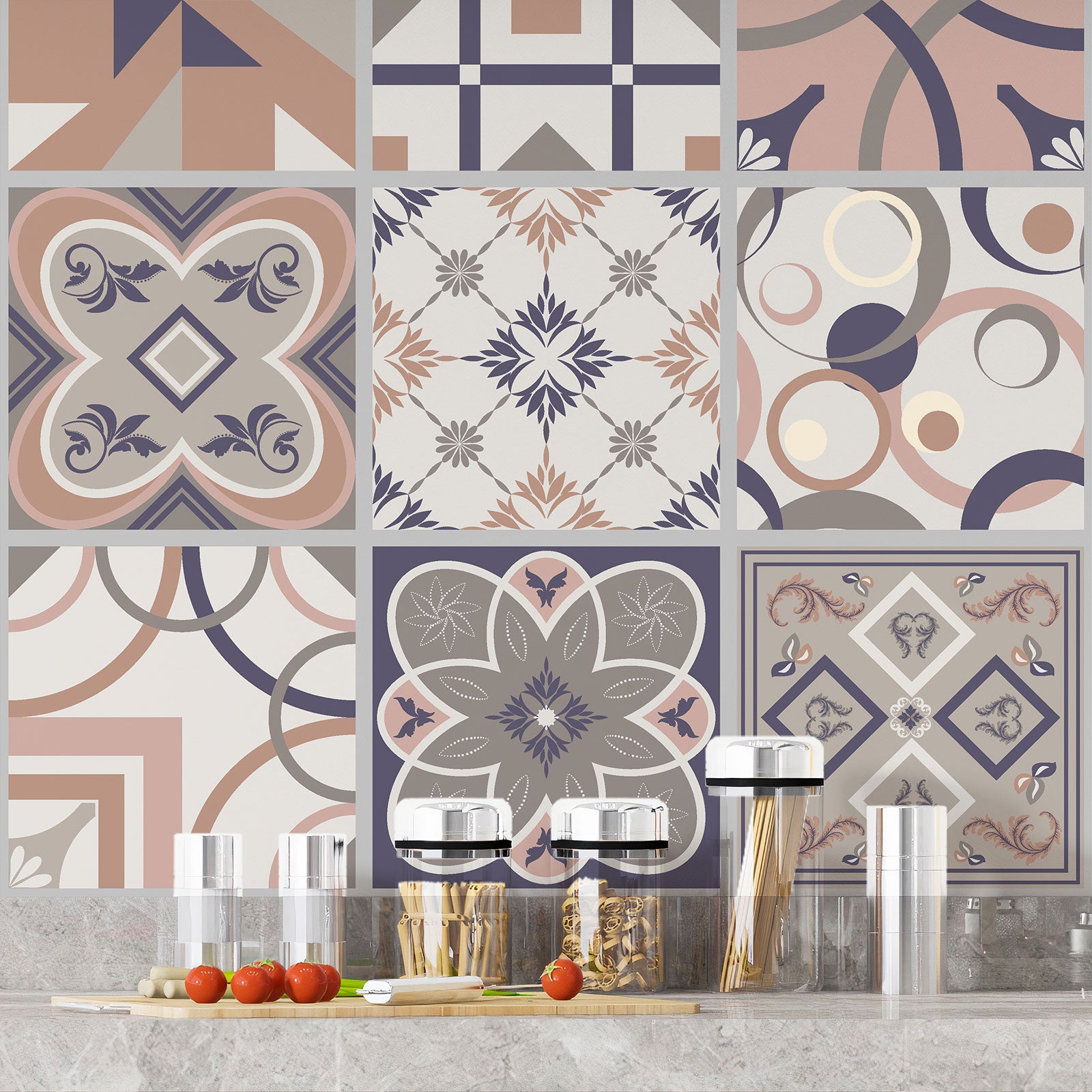 Crédence adhésive sticker décoratif pour cuisine - Effet carreaux de ciment - Adhésif BRILLANT - 60x60 cm - 4