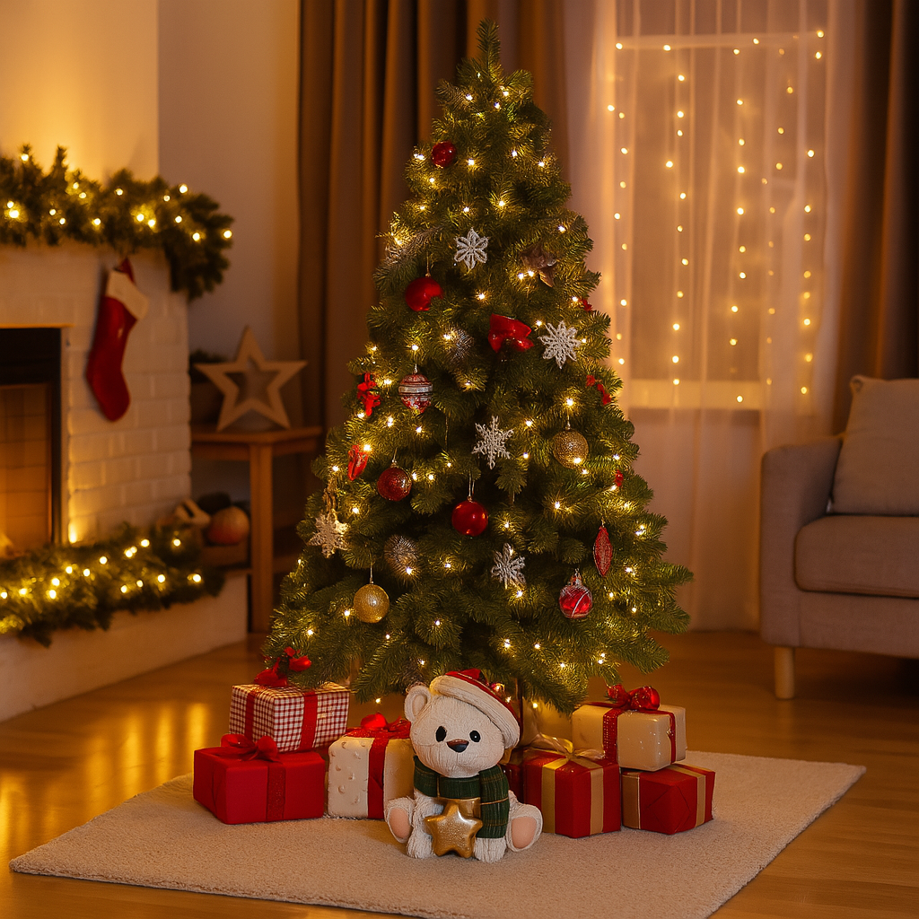 Base d'arbre en forme d'ours en peluche blanc avec décoration de Noël en forme d'étoile | Leroy Base d'arbre en forme d'ours en peluche blanc avec décoration de Noël en forme d'étoile | Leroy