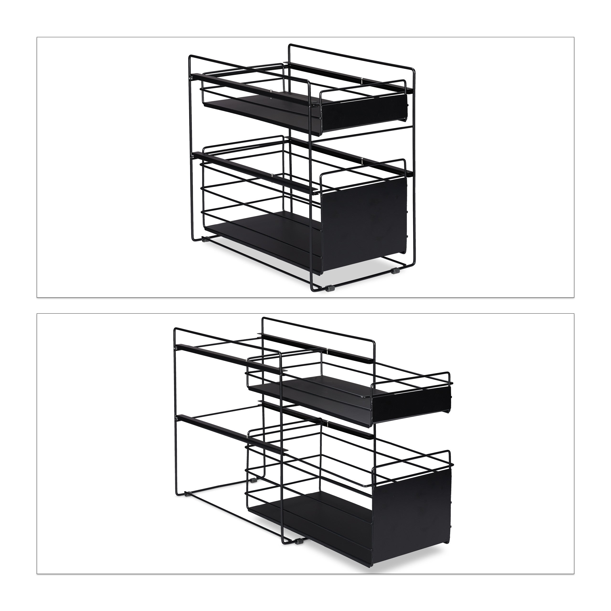 Organiseur de placard, 2 paniers, rangement cuisine et salle de bain, coulissant, HLP 39,5x25x40,5 cm, noir, Relaxdays - 6