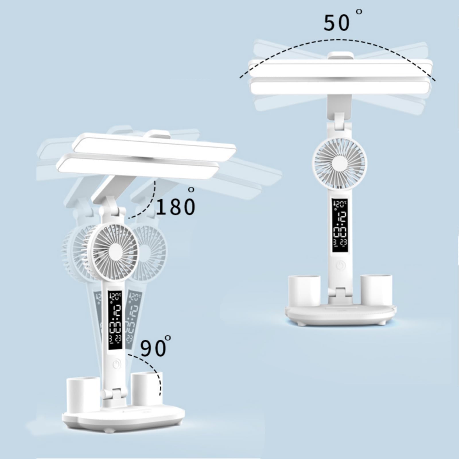 Lampe de table rechargeable pour le bureau, lampe de lecture, lampe de table LED à double lampe avec ventilateur et horloge - 5