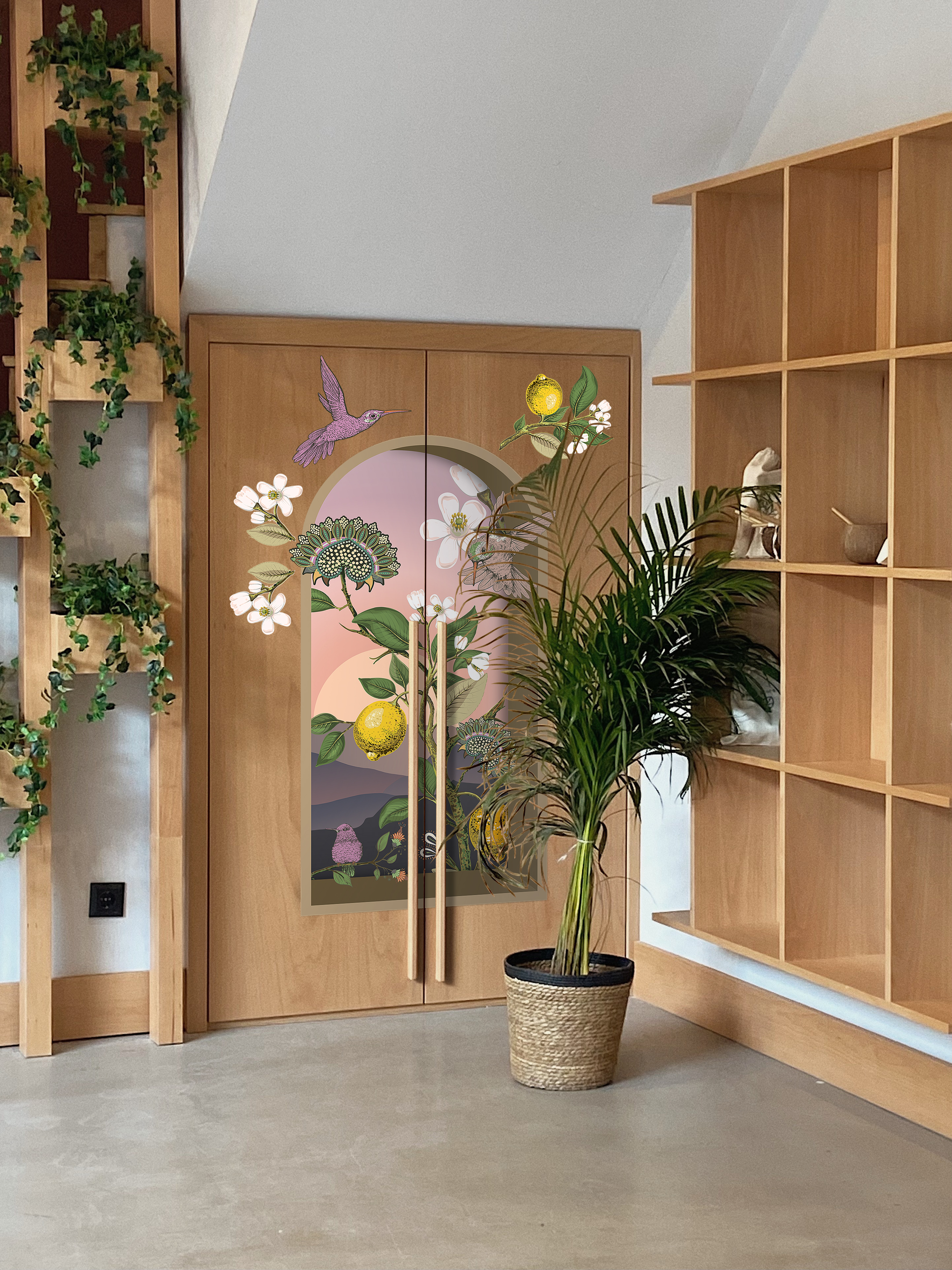 Corte de decoración panorámica grande, trompe l'oeil en la montaña poética, limón y colibrí, 150 cm x 79 cm