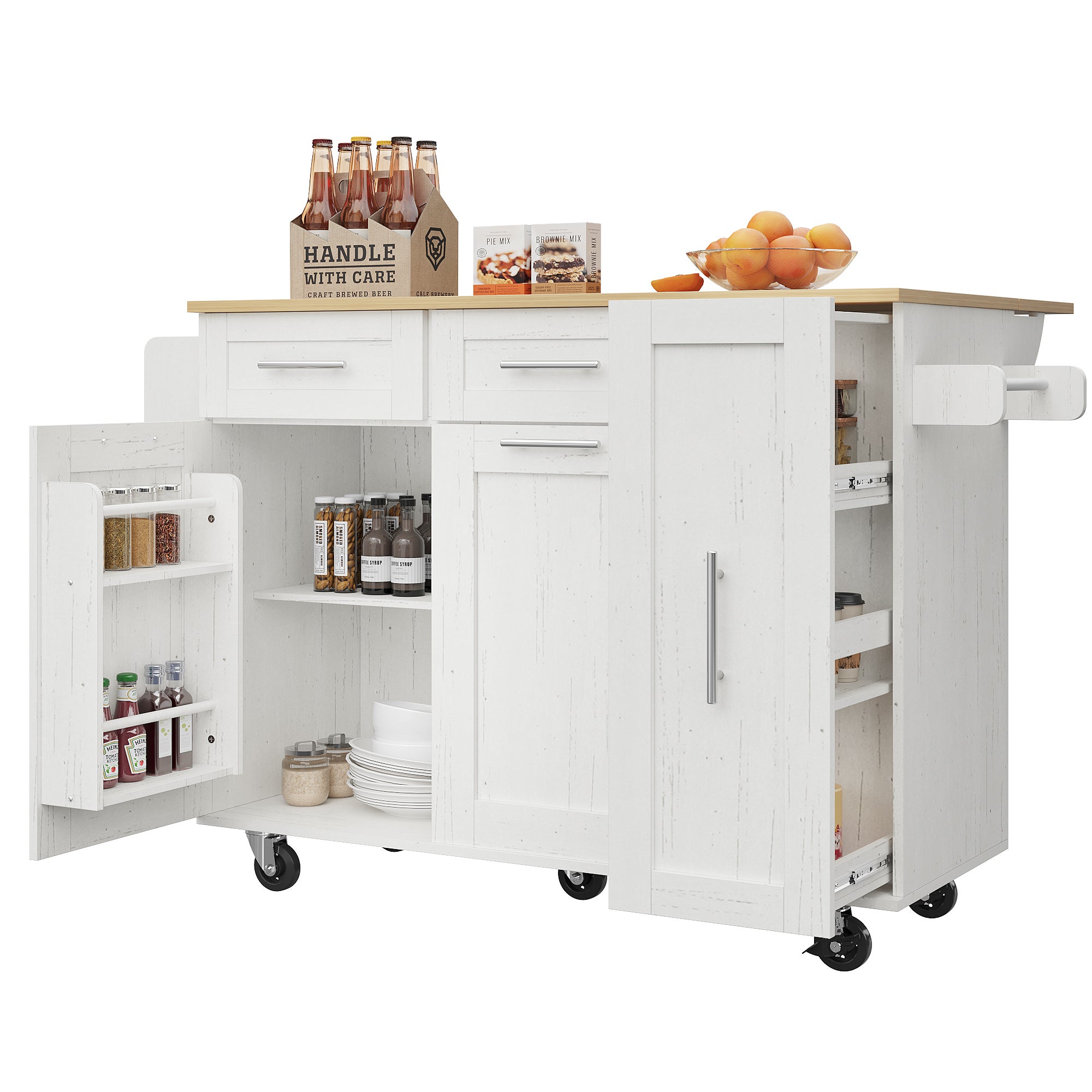 Ilot central de cuisine - chariot à roulette avec plateau escamotable - 2 tiroirs et 2 portes - Blanc - 5