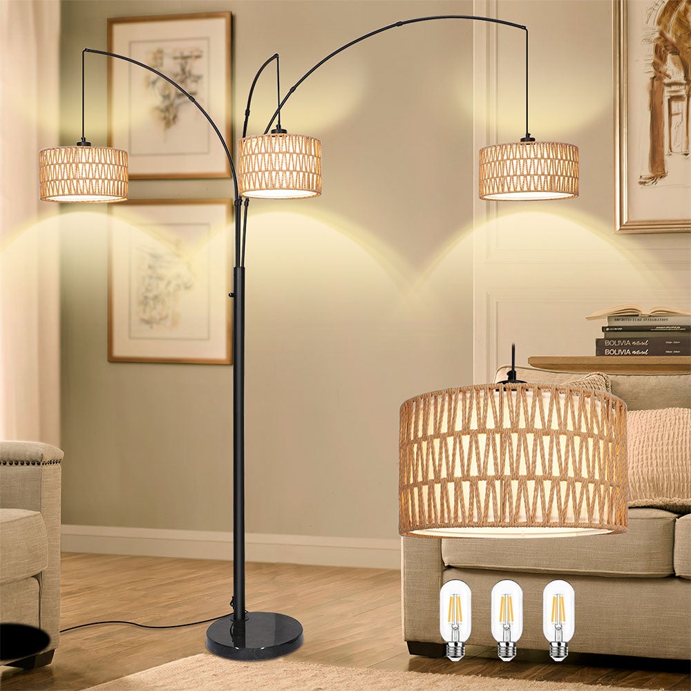 Lampa podłogowa rattanowa łukowa LED 180 cm z 3 żarówkami LED, regulowane ramiona, czarna lampa stojąca boho do salonu sypialni biura