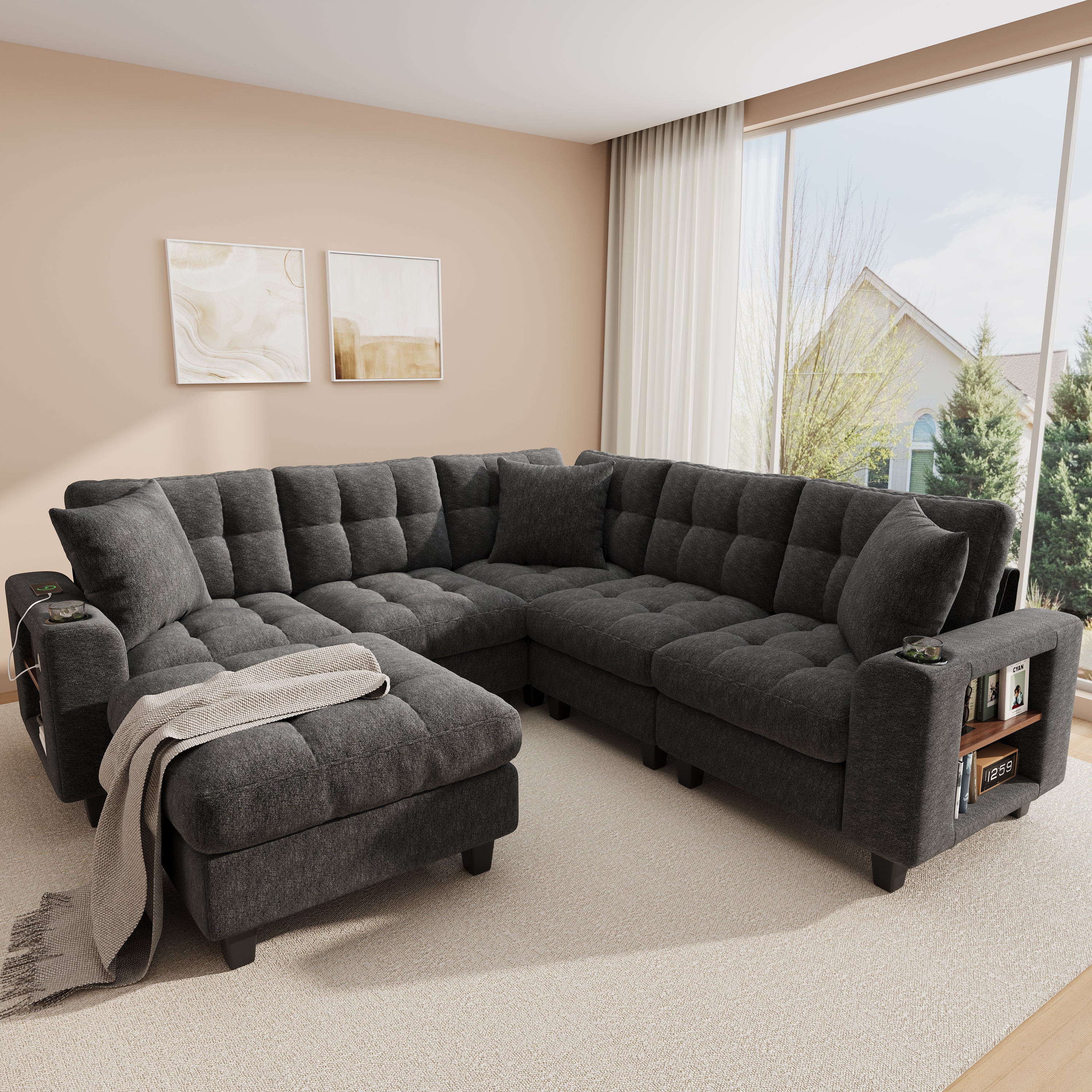 Canapé d'Angle XXL Modulaire en U, 6 Places en Chenille avec Accoudoirs Bibliothèque, Pouf Amovible, Porte-Gobelets et Ports USB/USB-C Intégrés, Gris - 2
