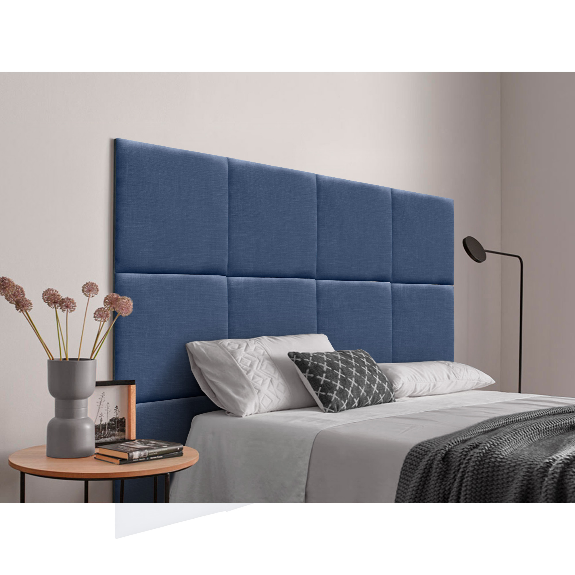Dhome cabecero tapizado de lino natural compuesto de paneles autoadhesivos intercambiables lujo dormitorio acolchado (azul marino,180cm)