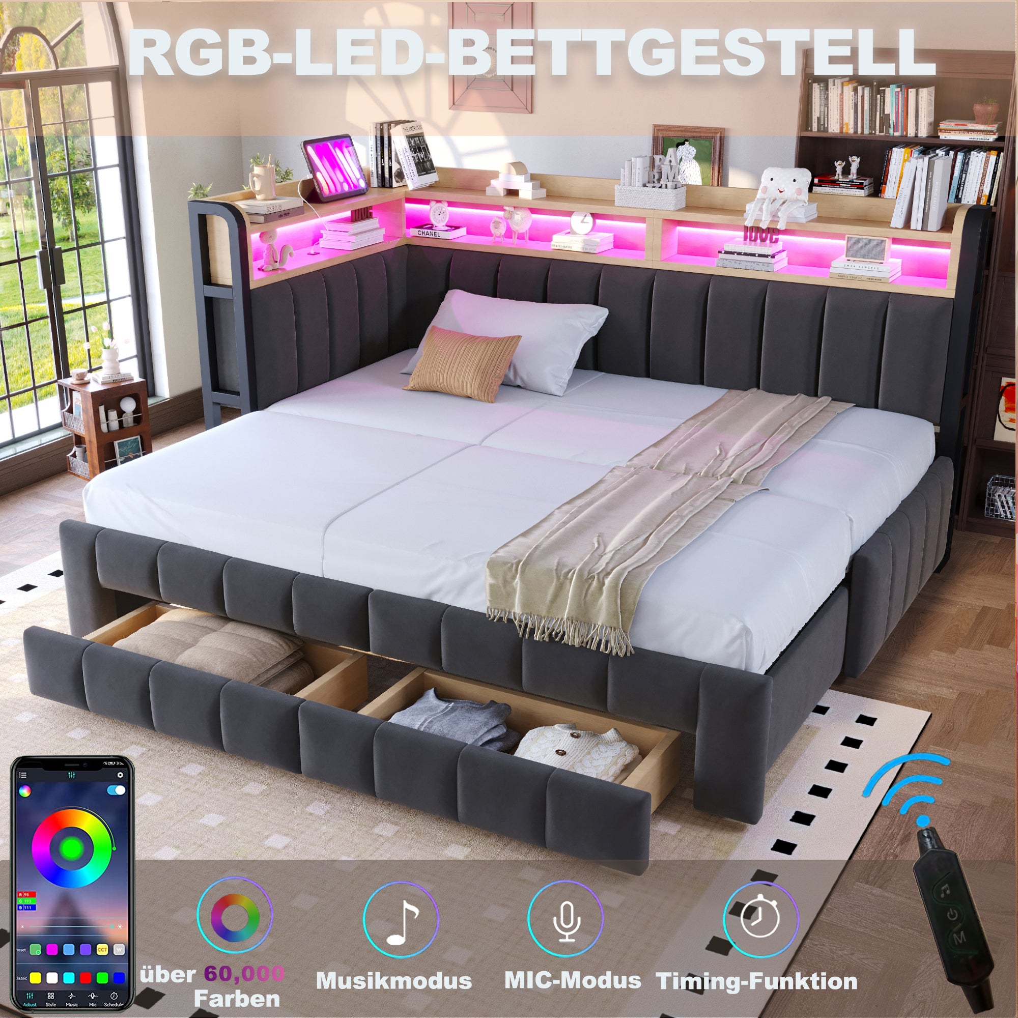 Canapé-lit 90/180×200cm avec éclairage LED et port,Lit capitonné avec lit gigogne et espace de rangement,Velours,Gris foncé (matelas non inclus) - 2