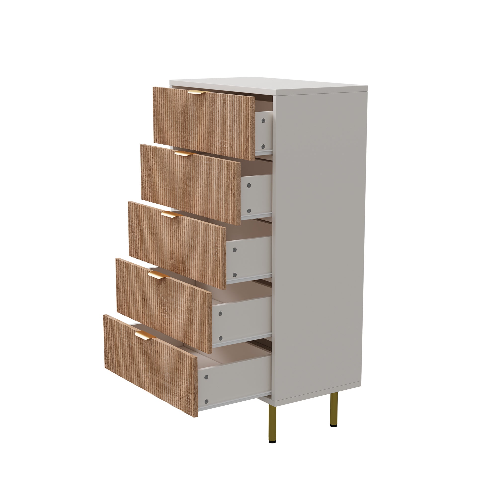 Commode 5 tiroirs finition rayée, Chiffonnier, Poignée dorée et Jambes dorées - design bicolore - L60 x l34 x H109 cm - couleur bois naturel - 8