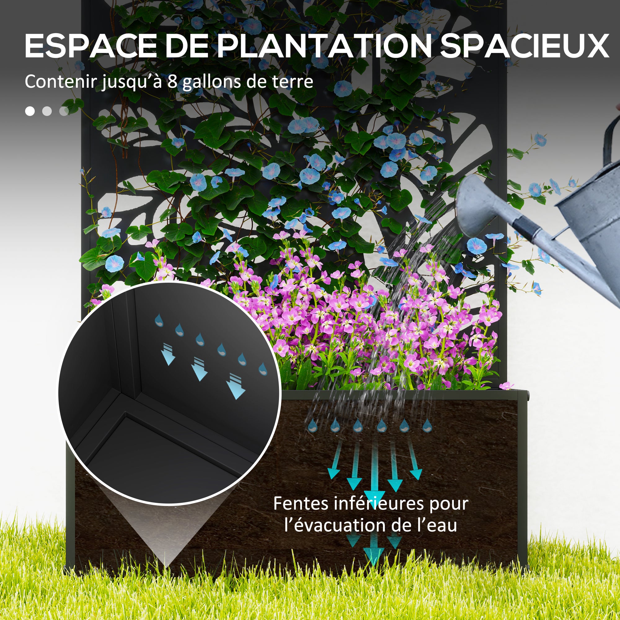 Jardinière avec brise-vue paravent treillis pour Plante Grimpante, bac à Fleurs - dim. 61L x 23l x 113H cm - 6