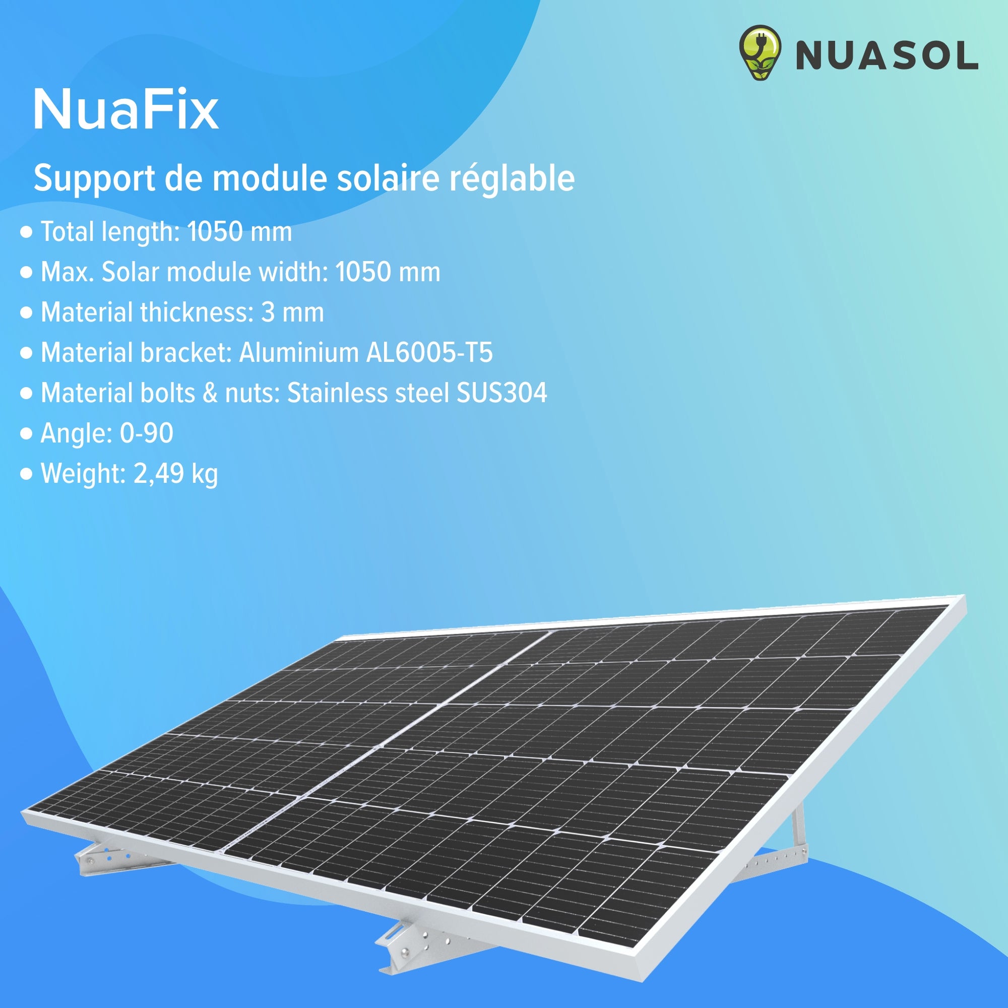 NUASOL Support pour panneau solaire jusqu'à 105 cm Toit plat PV Réglable de 0 à 90 ° Kit Aluminium Matériel de montage - 11