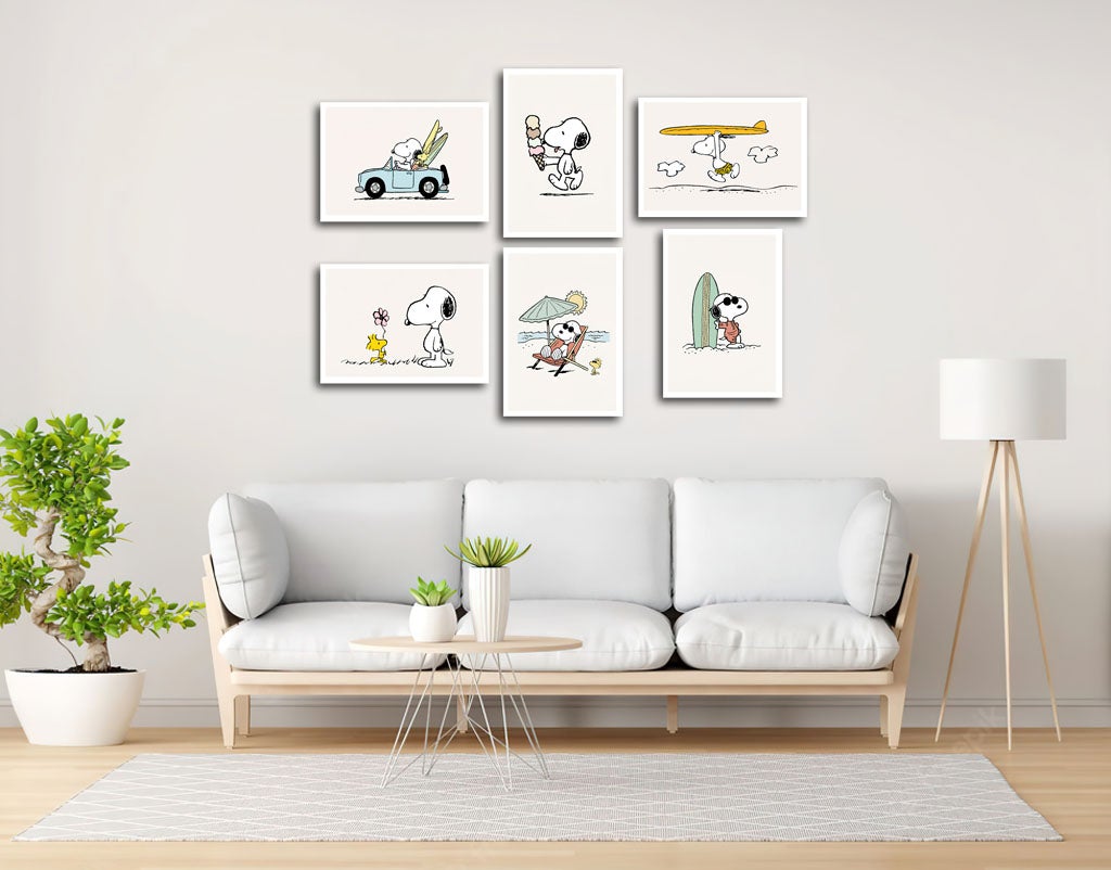 Ensemble de 6 tableaux, décoration de salon moderne, chambres à coucher, chambre d'enfant, dessins, peluches, Snoopy, (38 x 29 cm chaque tableau) - 2