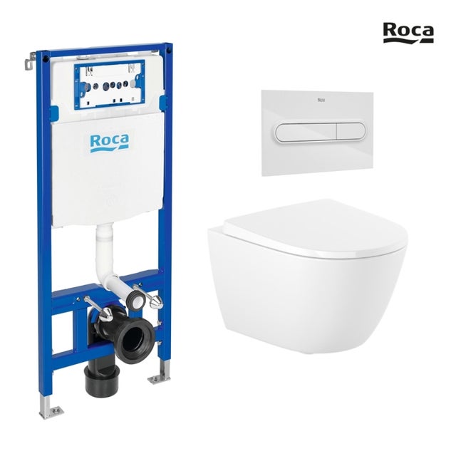 BÂTI SUPPORT ROCA DUPLO RÉSERVOIR ENCASTRABLE ET PLAQUE PL1 BLANC BRILLANT AVEC TOILETTE SUSPENDUE RIM-EX ROCA ONA