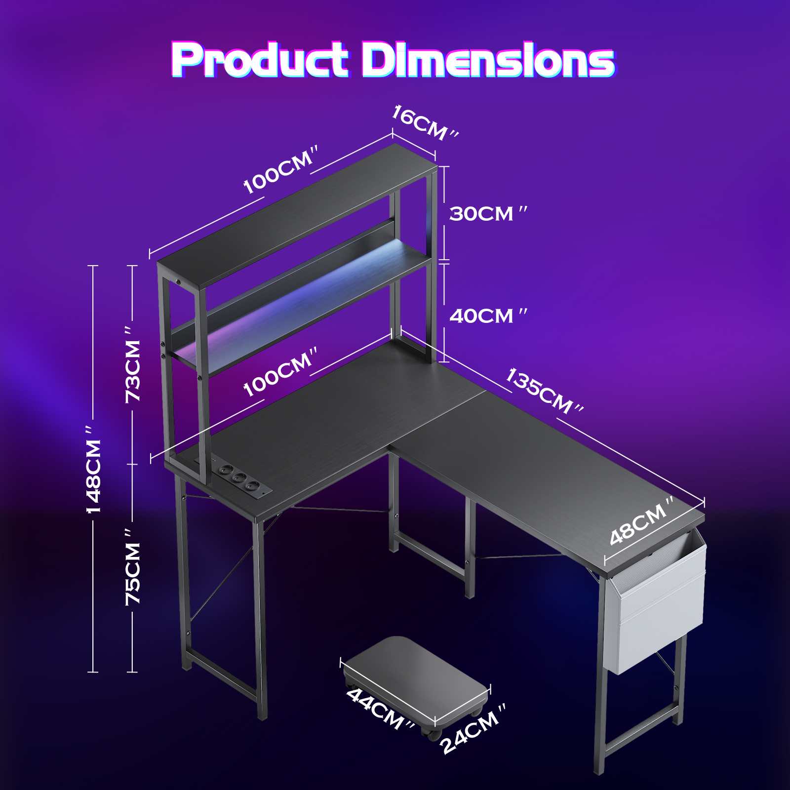 Scrivania angolare L 135 cm con LED e prese, scrivania gaming doppia con scaffali, supporto PC, ganci e tasca portaoggetti per casa e ufficio - 3