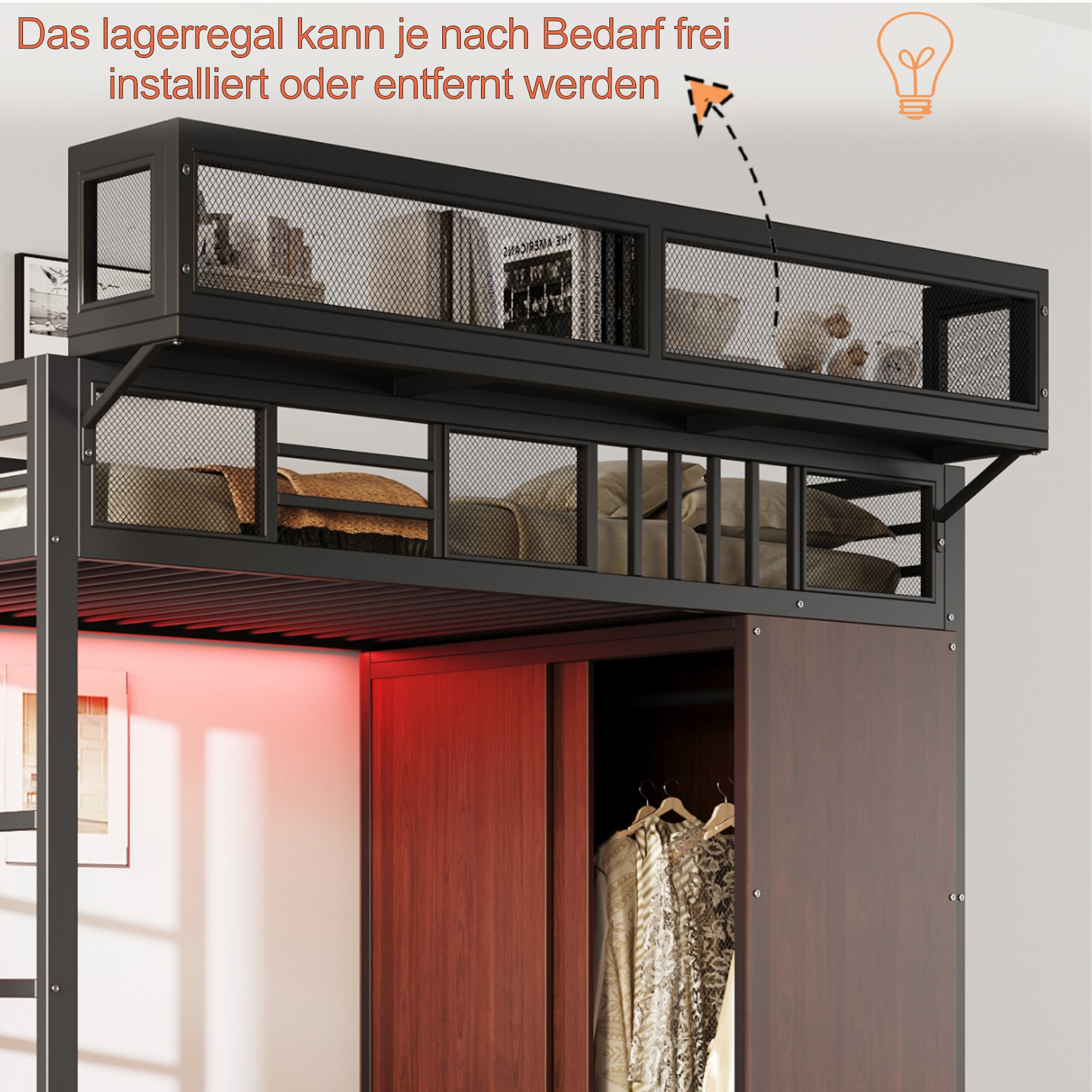 Lit mezzanine 90x200 avec armoire intégrée et éclairage LED, Lit simple avec barrières de sécurité en maille, étagères amovibles et échelle, Noir - 4