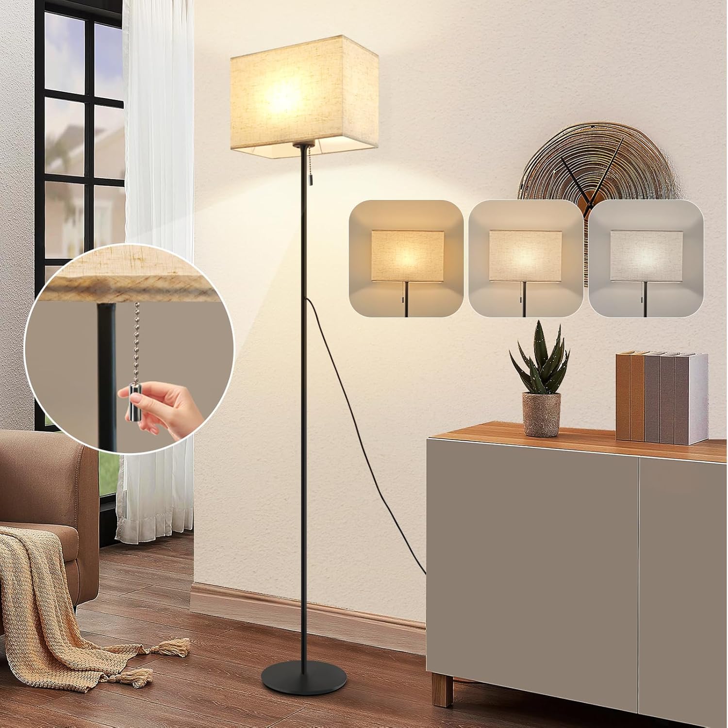 ZMH Lampa podłogowa LED Retro z kloszem z tkaniny ściemniającej do salonu z przełącznikiem kablowym