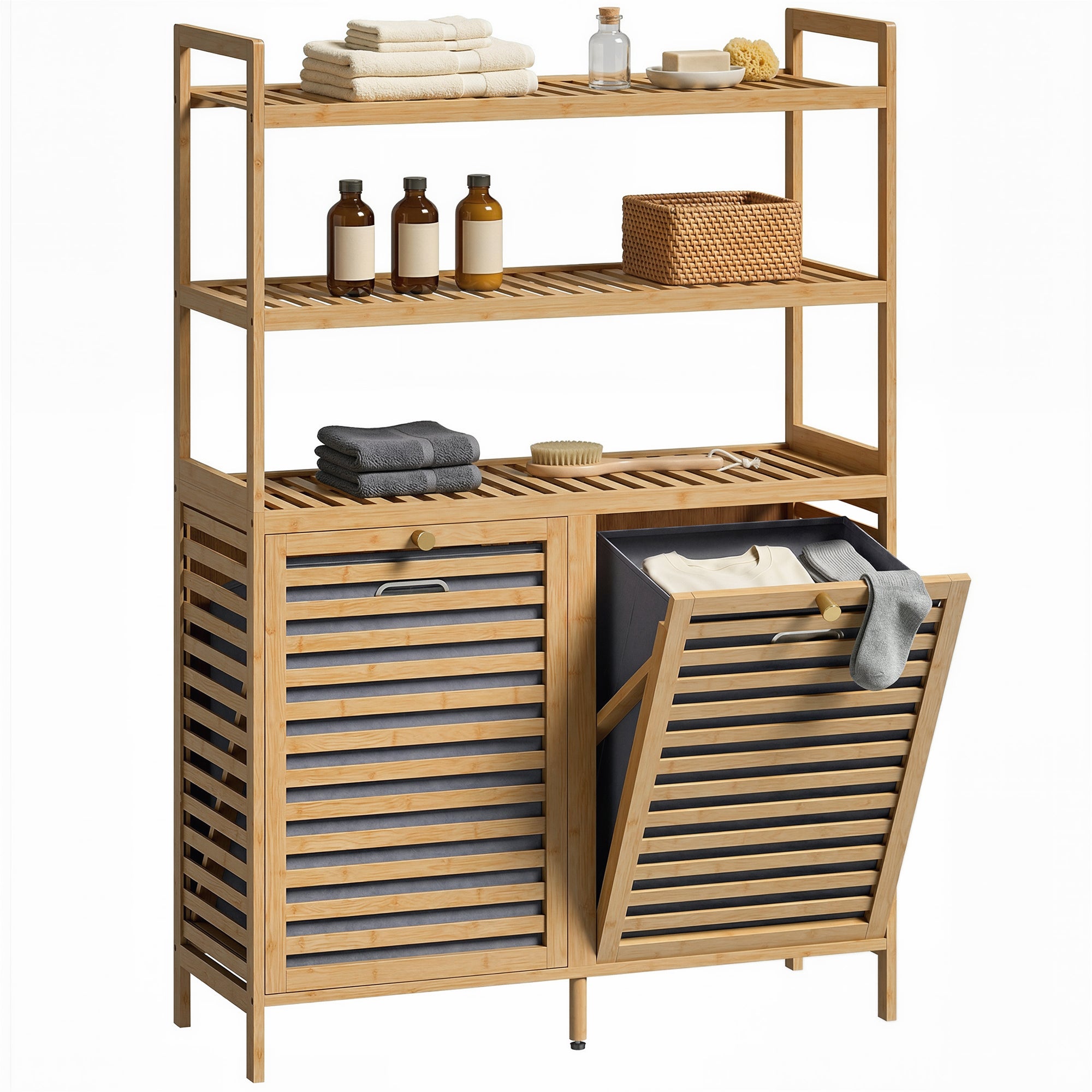 Mobile Porta Biancheria Doppio Inclinabile, Bambù, 2 Paniers, 3 Ripiani, Colore Rovere