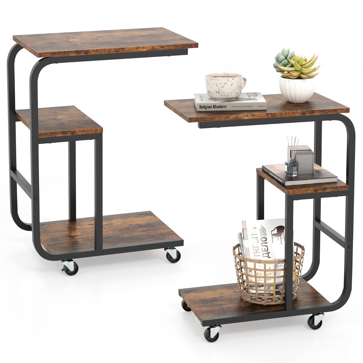 Essenza Mesa Auxiliar En Forma De C Con 3 Estantes Y Ruedas Para Sala Y Dormitorio Rústico Marrón , Leroy Merlin