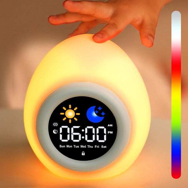 Réveil pour enfants, réveil rechargeable, réveil jour/nuit/fonction snooze/luminosité de l'écran réglable/7 couleurs/6 chansons/arrêt automatique
