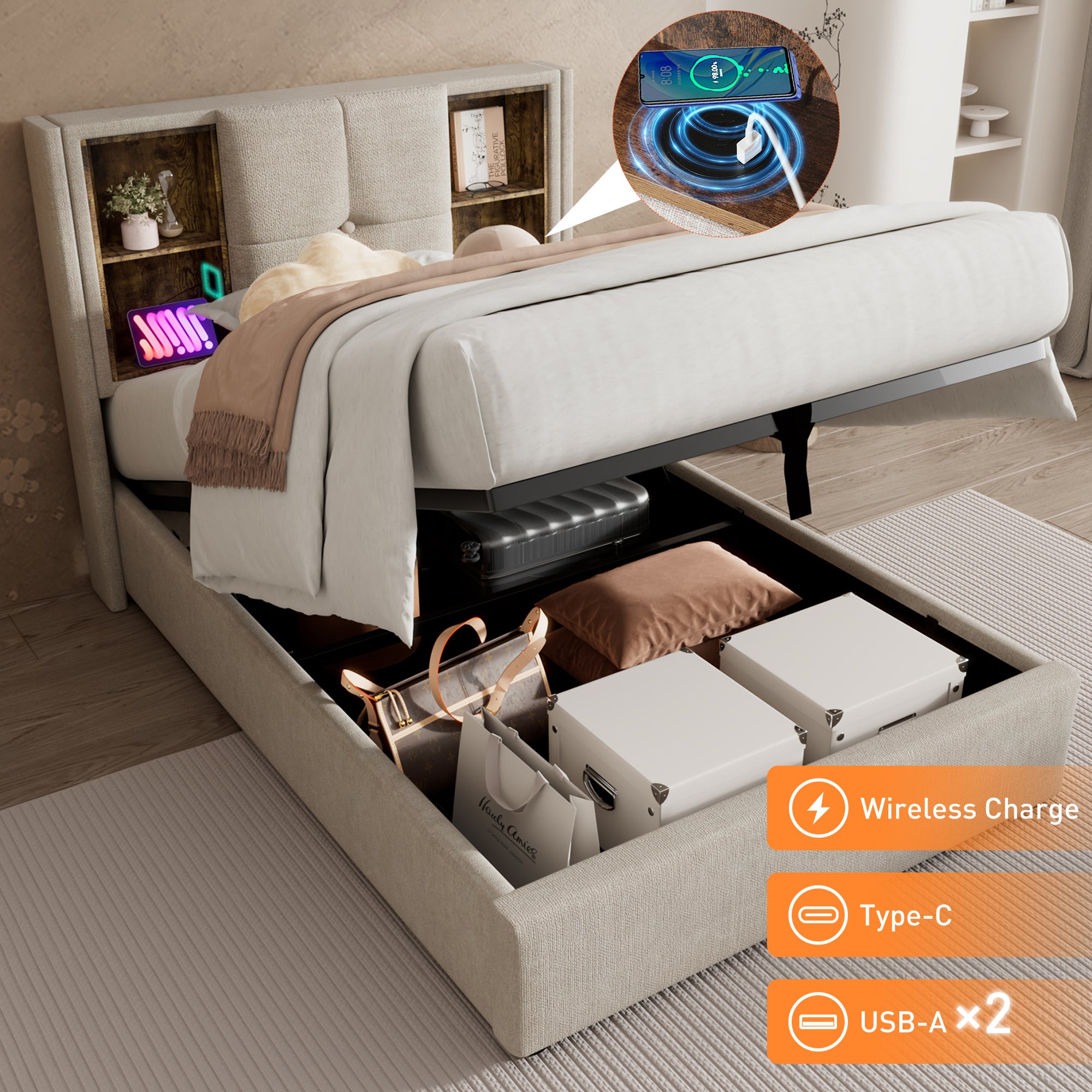 Lit Coffre 180 X 200 Cm Avec Tête De Lit - Charge USB & Type-C Et LEDs Tissu En Lin Gris Sans Matelas 96258281