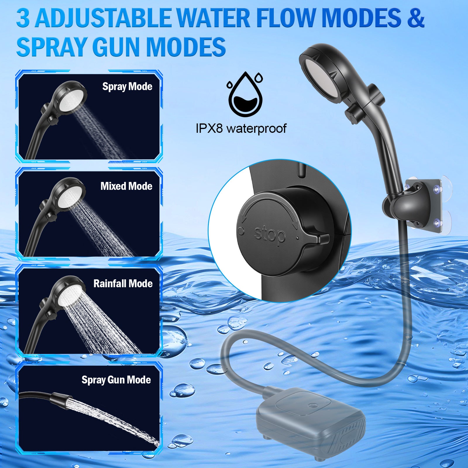 Douchette électrique portable rechargeable 2400mAh, IPX8 étanche, 4 modes jet, pour camping extérieur chantier（noir） - 3