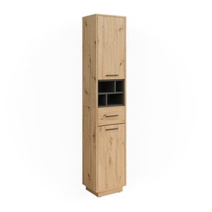 Meuble De Rangement Salle De Bain Beatrice - 38 X 190 X 30 Cm (l X H X P) - Anthracite Et Chêne - Panneau Mélamine 16 Mm