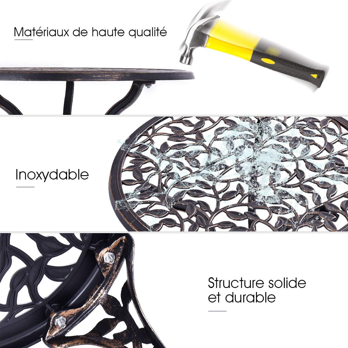 Ensemble de Bistrot pour Jardin de 3 Pièces en Fonte Aluminium avec 2 Chaises et 1 Table Ronde et Terasse, Ensemble Table et Chaise en Métal - 3