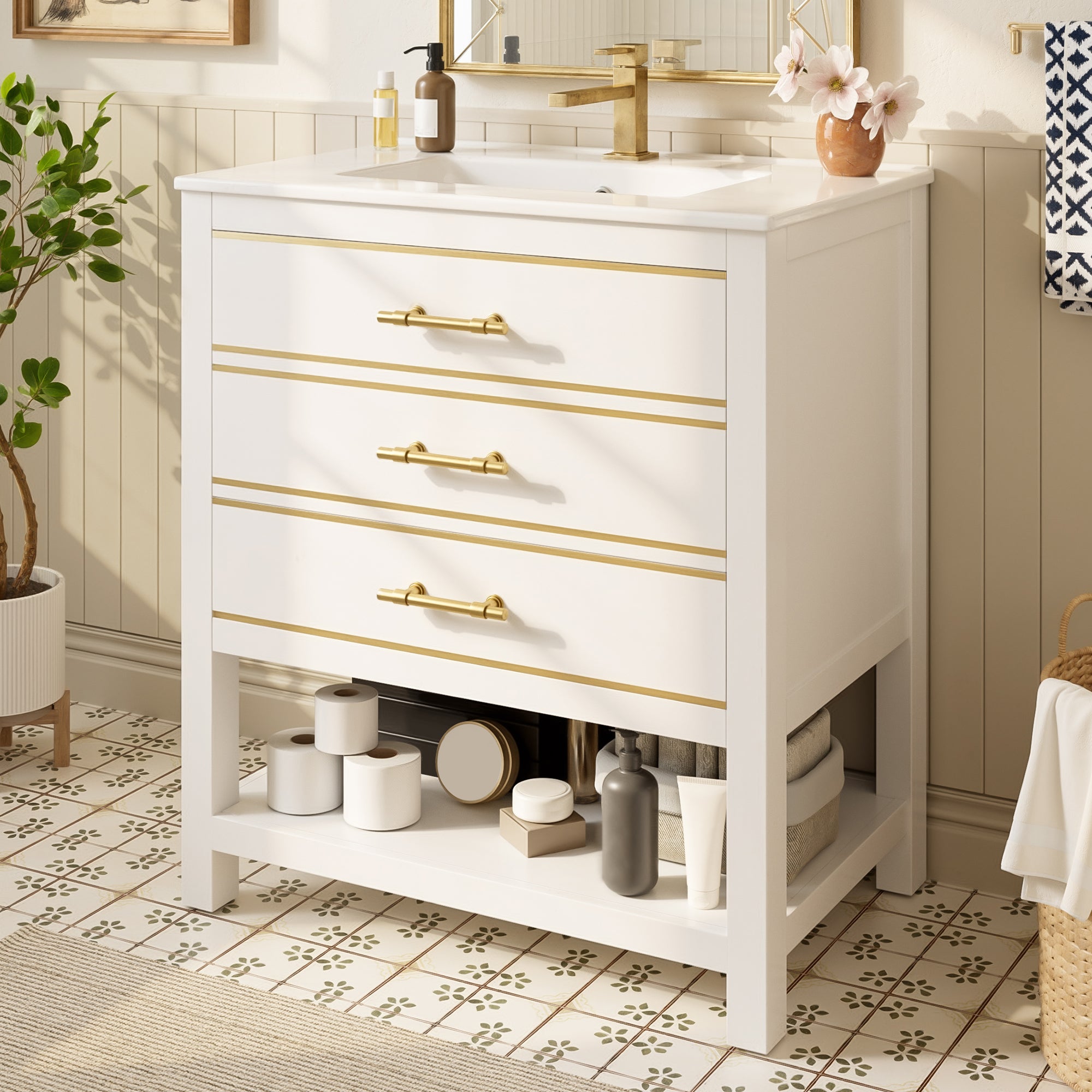 Mebel łazienkowy - z ceramiczna umywalką - z 2 szufladami i 1 otwartą przegródką - biały (bateria nie jest wliczona w cenę)