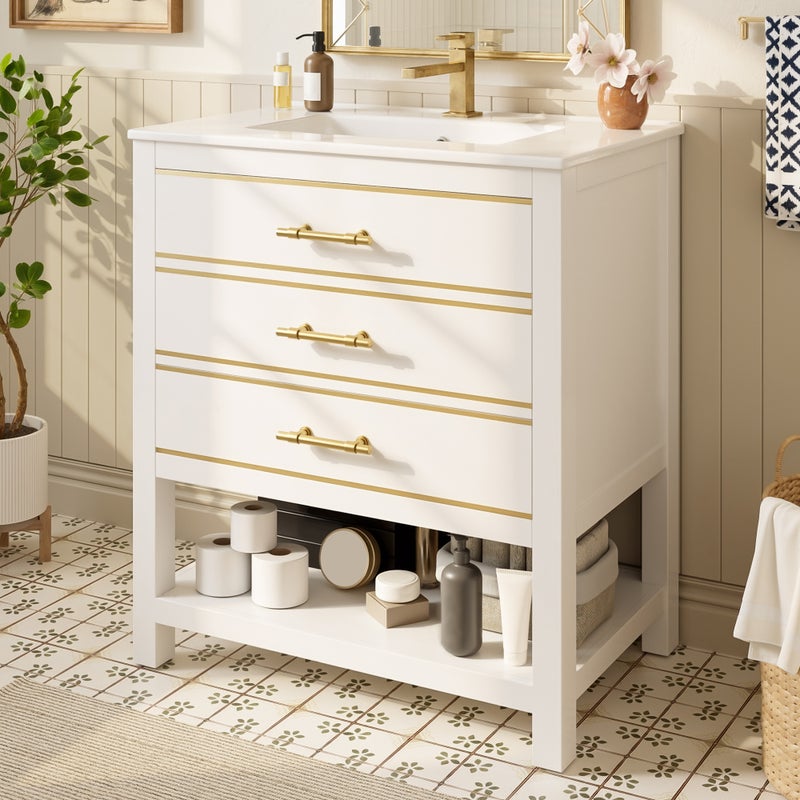 Mebel łazienkowy - z ceramiczna umywalką - z 2 szufladami i 1 otwartą przegródką - biały (bateria nie jest wliczona w cenę)