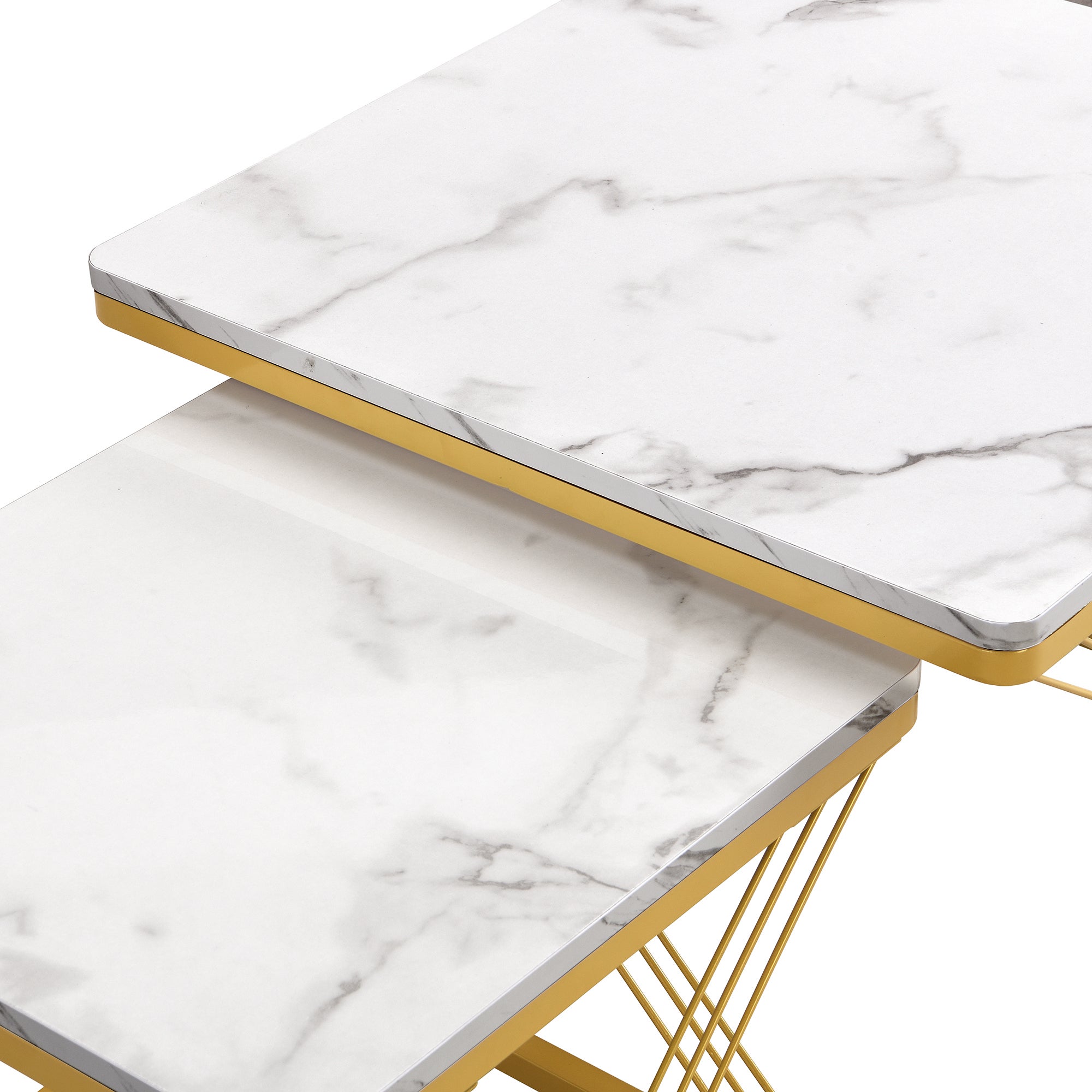 Zestaw 2 kwadratowych stolików kawowych - 60x60x45 + 45x45x40 cm - Efekt marmuru - Drewno MDF i metal - Biały + złoty - 7