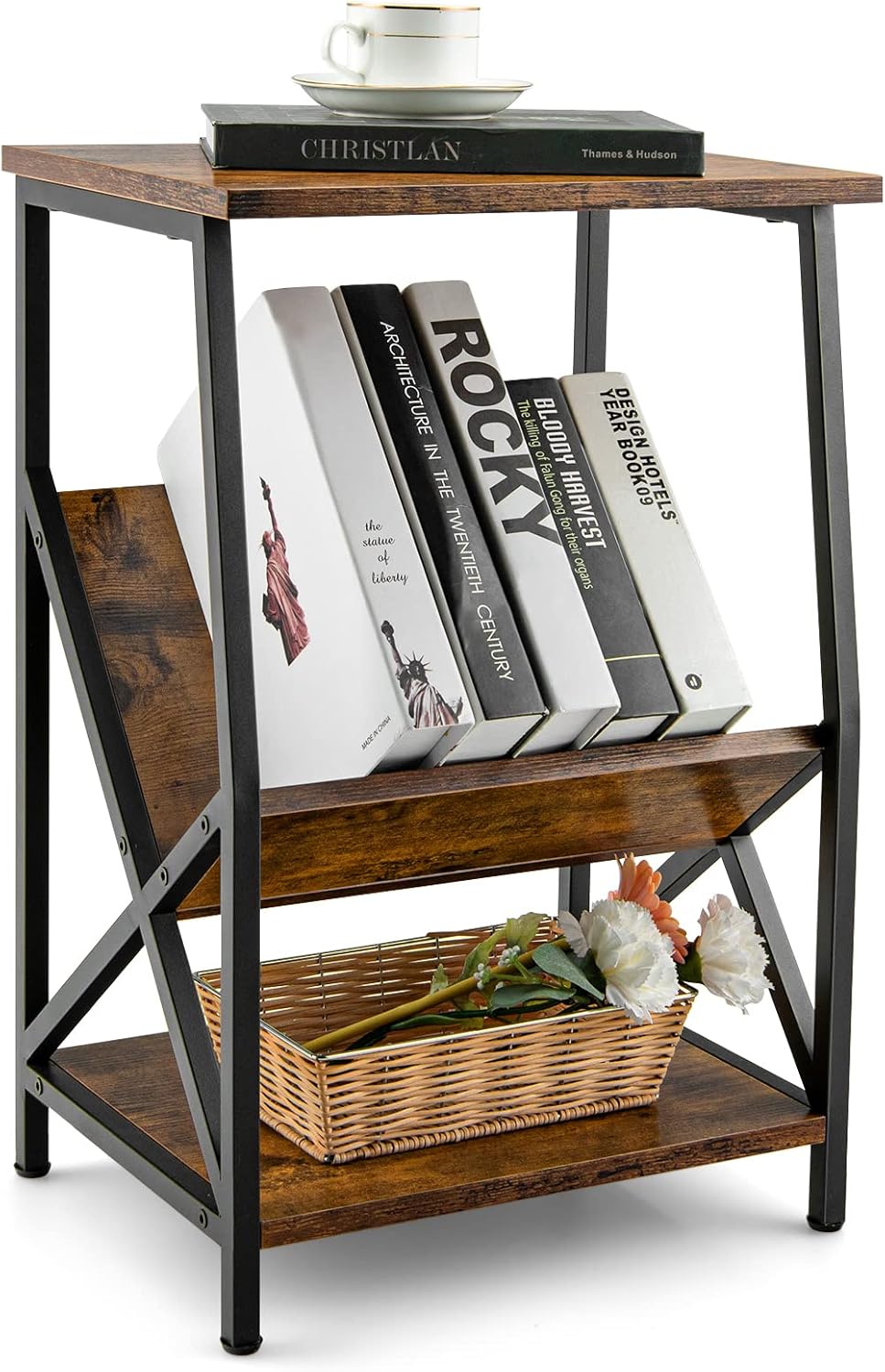 3-Poziomowy Stolik Pomocniczy z Małą Biblioteczką, Stolik Nocny na Nóżkach z Metalową Ramą w Kształcie Litery X i Regulowanymi Nóżkami, Kawowy