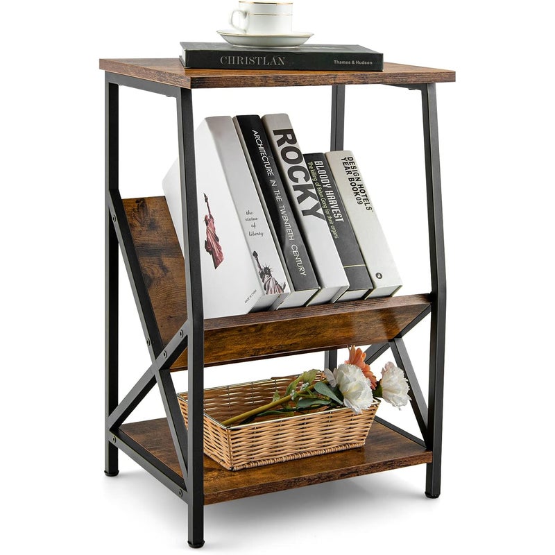 3-Poziomowy Stolik Pomocniczy z Małą Biblioteczką, Stolik Nocny na Nóżkach z Metalową Ramą w Kształcie Litery X i Regulowanymi Nóżkami, Kawowy
