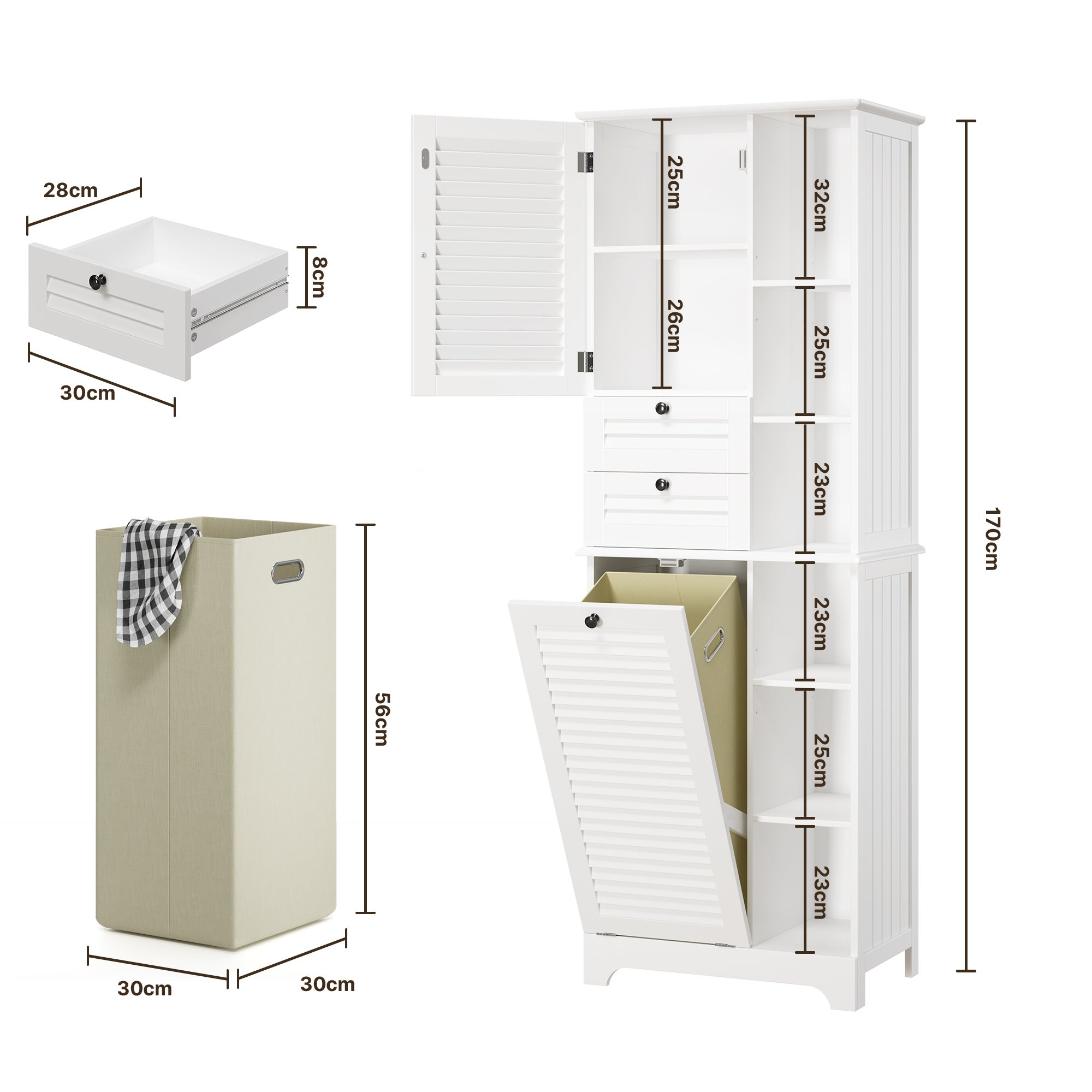 Mobile a colonna per bagno per ripostiglio a piedi, armadio con 1 porta, 2 cassetti e 6 ripiani Bealife - 3