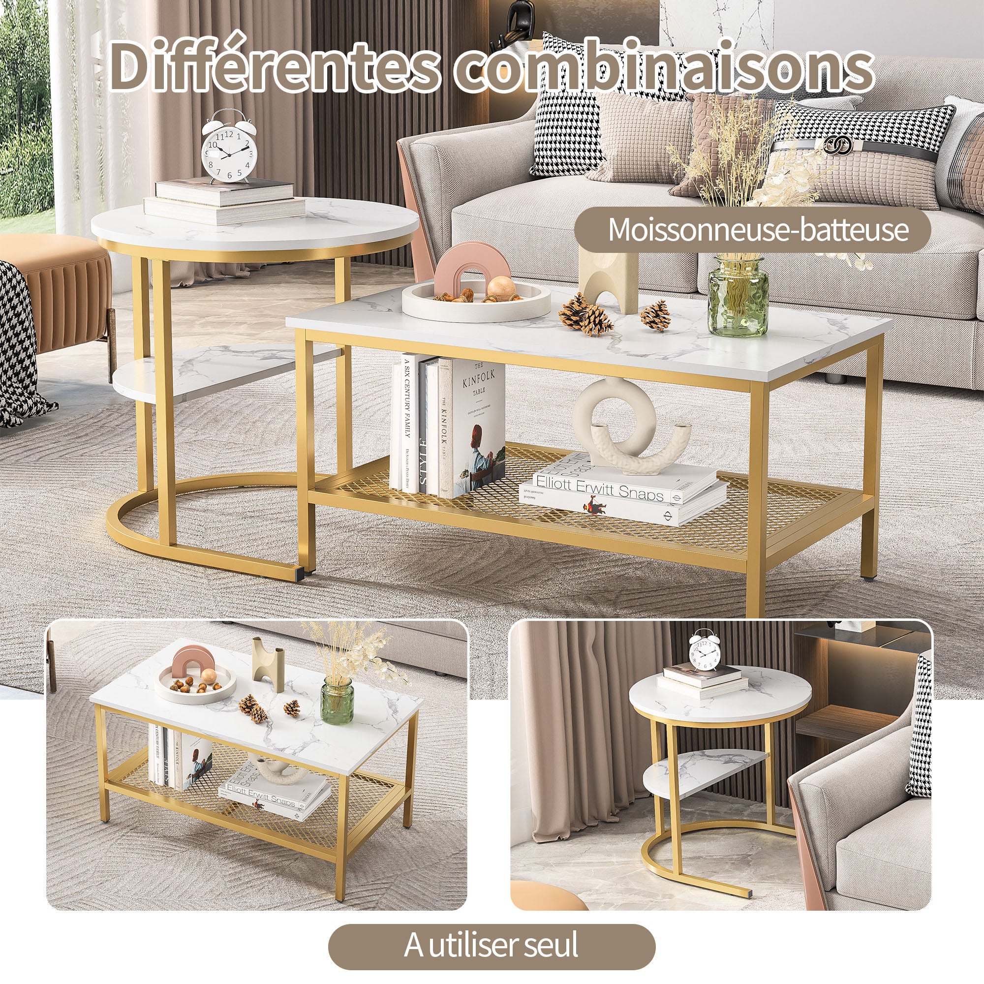Tables Basses, Lot de 2, COZY, avec Placage de Marbre Blanc, Cadre en Métal Doré, Design Élégant, Polyvalente pour Salon et Jardin - 7