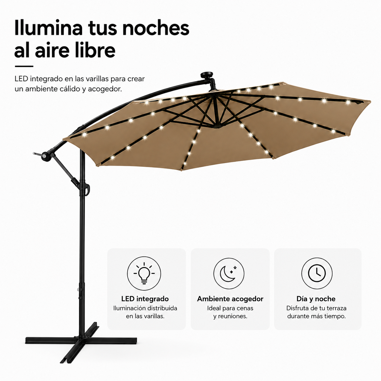 Parasol latéral 3 mètres de jardin kaki avec LED et inclinaison 360° - 5
