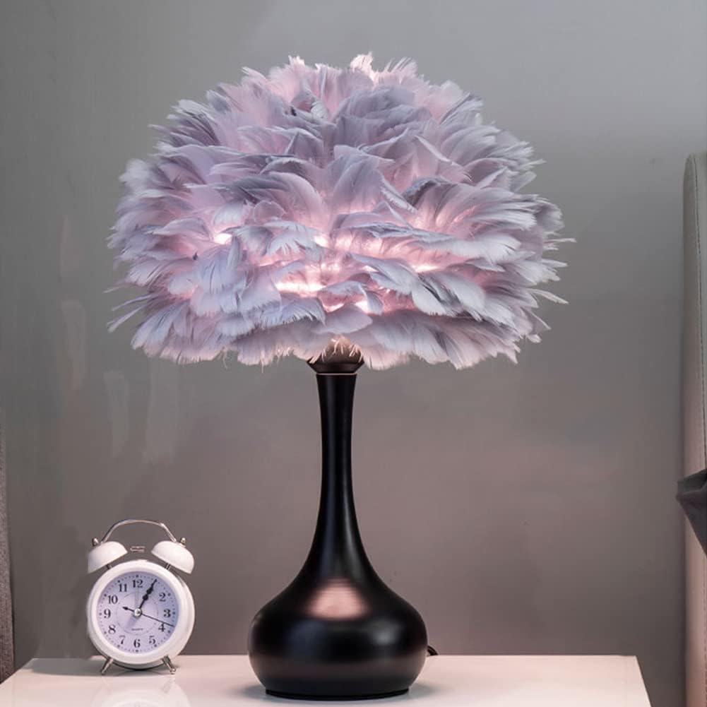 Lampa Stołowa LED z Piórami, Lampa Nocna do Sypialni, Dekoracyjna Lampa Stołowa do Salonu, Lampka Nocna, Darmowa Żarówka (Szare Pióro)