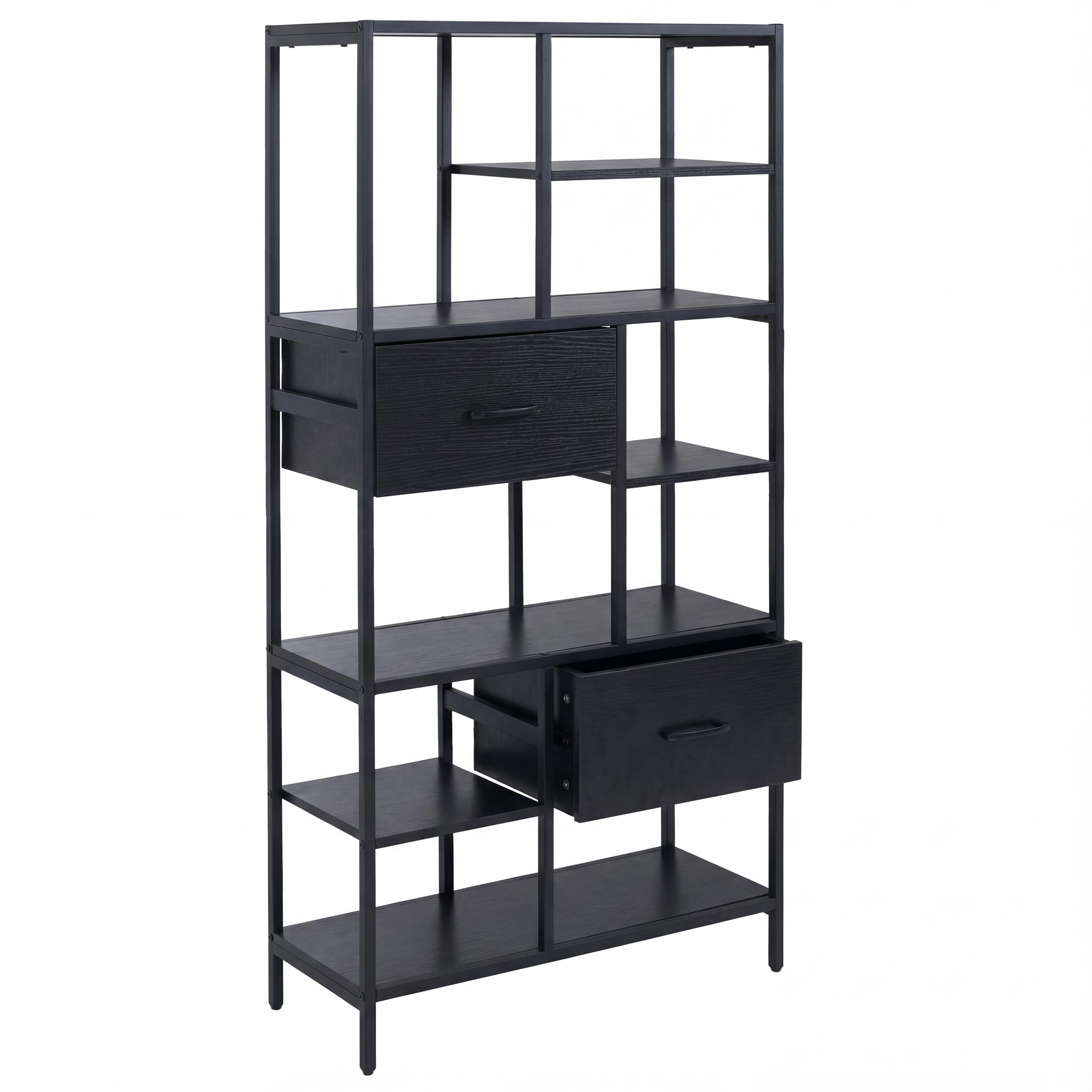 Regał HWC-P11, regał na książki, regał stojący, szuflady, industrialny, MDF, metal, melamina, 150 x 81 x 33 cm ~ czarny