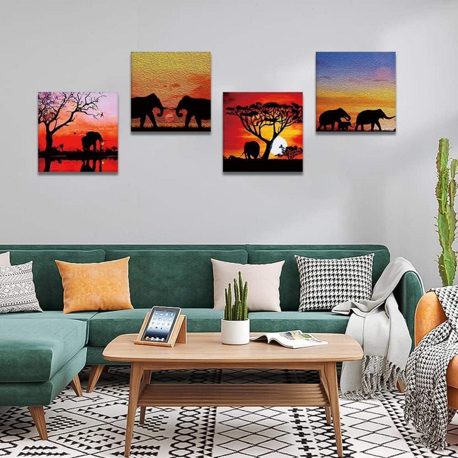 Toile imprimée 4 panneaux coucher de soleil éléphants d'Afrique 30x30 ...