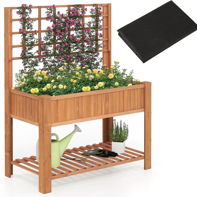 Podwyższona Grządka Ogrodowa z Kratką, Drewniana Skrzynka na Kwiaty z Nóżkami, 4 Otwory Drenażowe i Wyjmowana Wkładka, 115 x 59 x 150 cm
