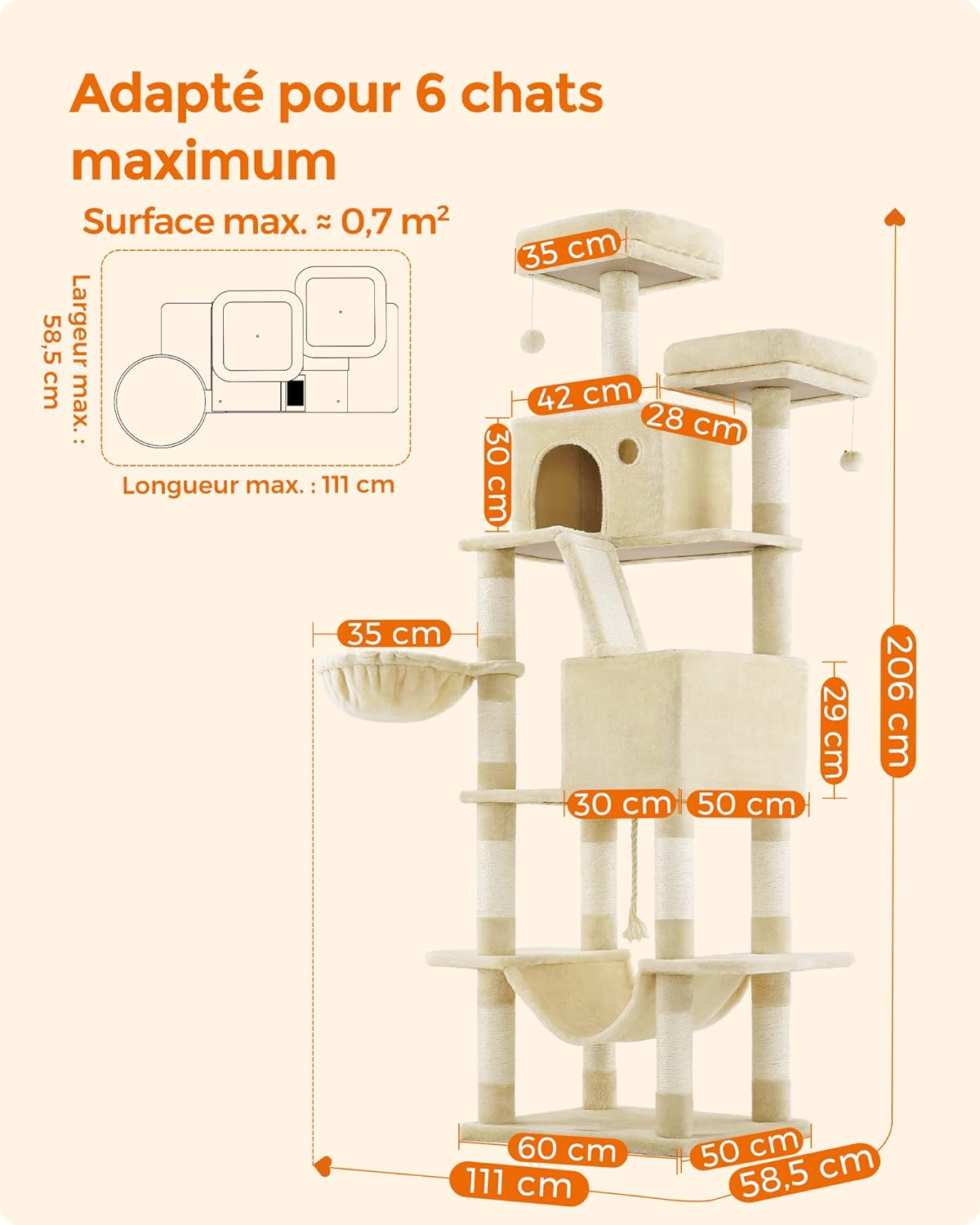 Arbre à Chat, Grande Tour de Jeux, Hauteur 206 cm, Beige - 5