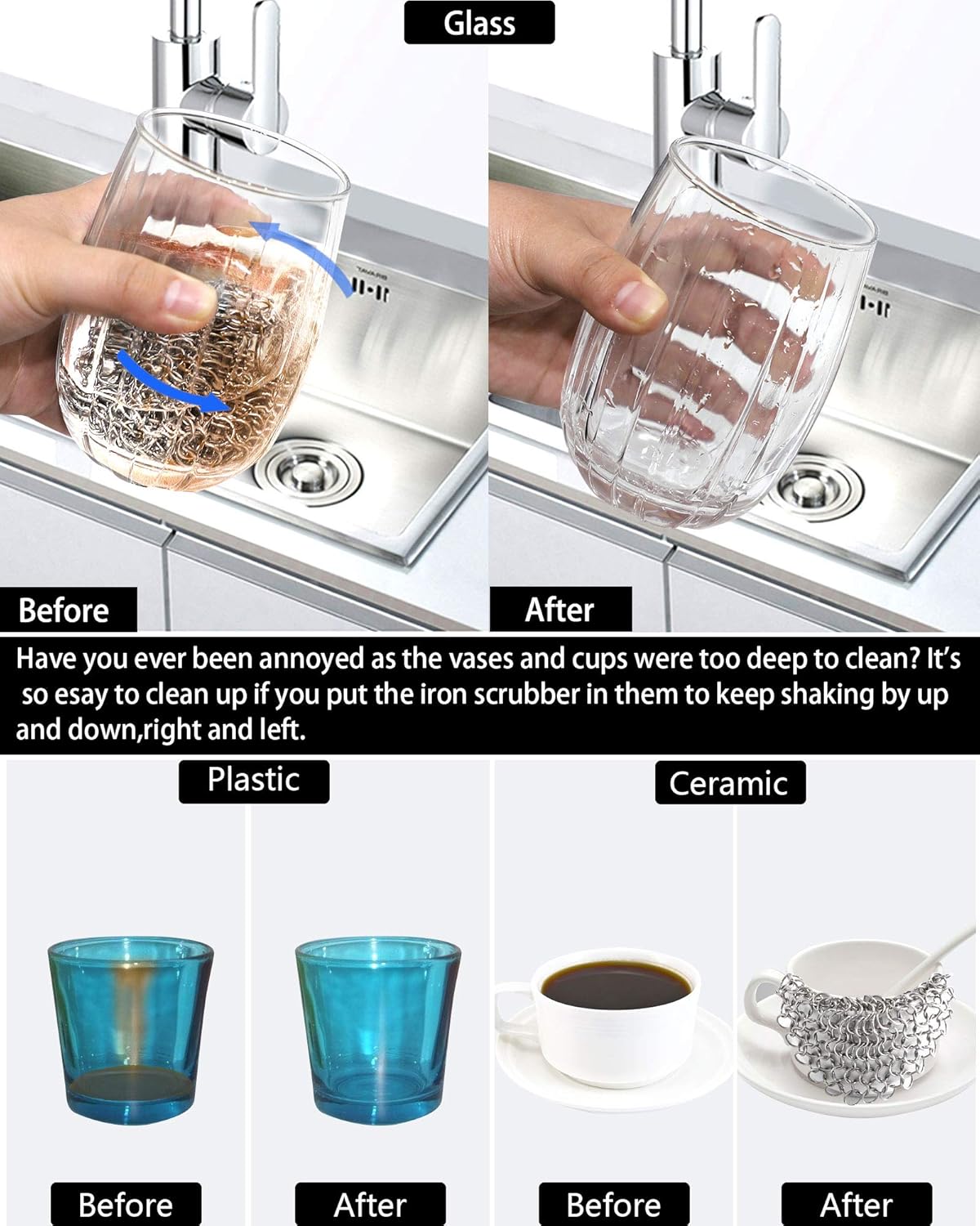 Lot de 2 éponges à récurer en cotte de mailles en acier inoxydable de qualité supérieure pour poêles en fonte, 7 et 5 pouces, rondes - 3