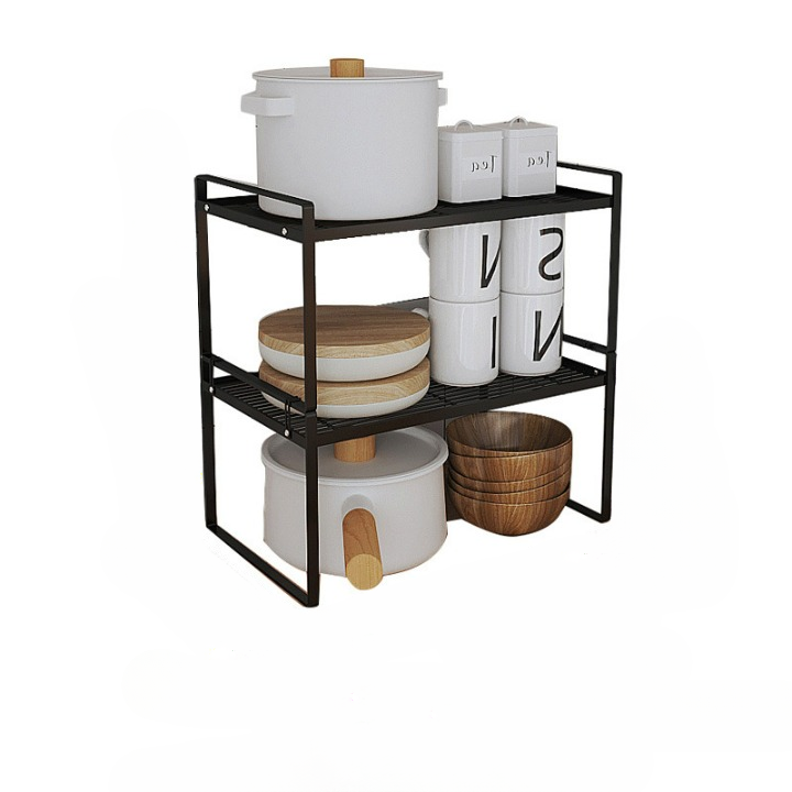 Średniej wielkości dwupoziomowa półka kuchenna, solidna i trwała, zapewniająca efektywne przechowywanie, stal węglowa, kolor czarny, 42 x 21 x 36,8 cm