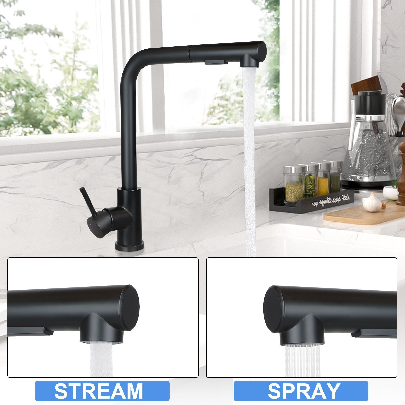 NETTLIFE Bateria umywalkowa, wyciągana bateria umywalkowa ze stali nierdzewnej z obrotem 360° i 2 rodzajami natrysku - 5