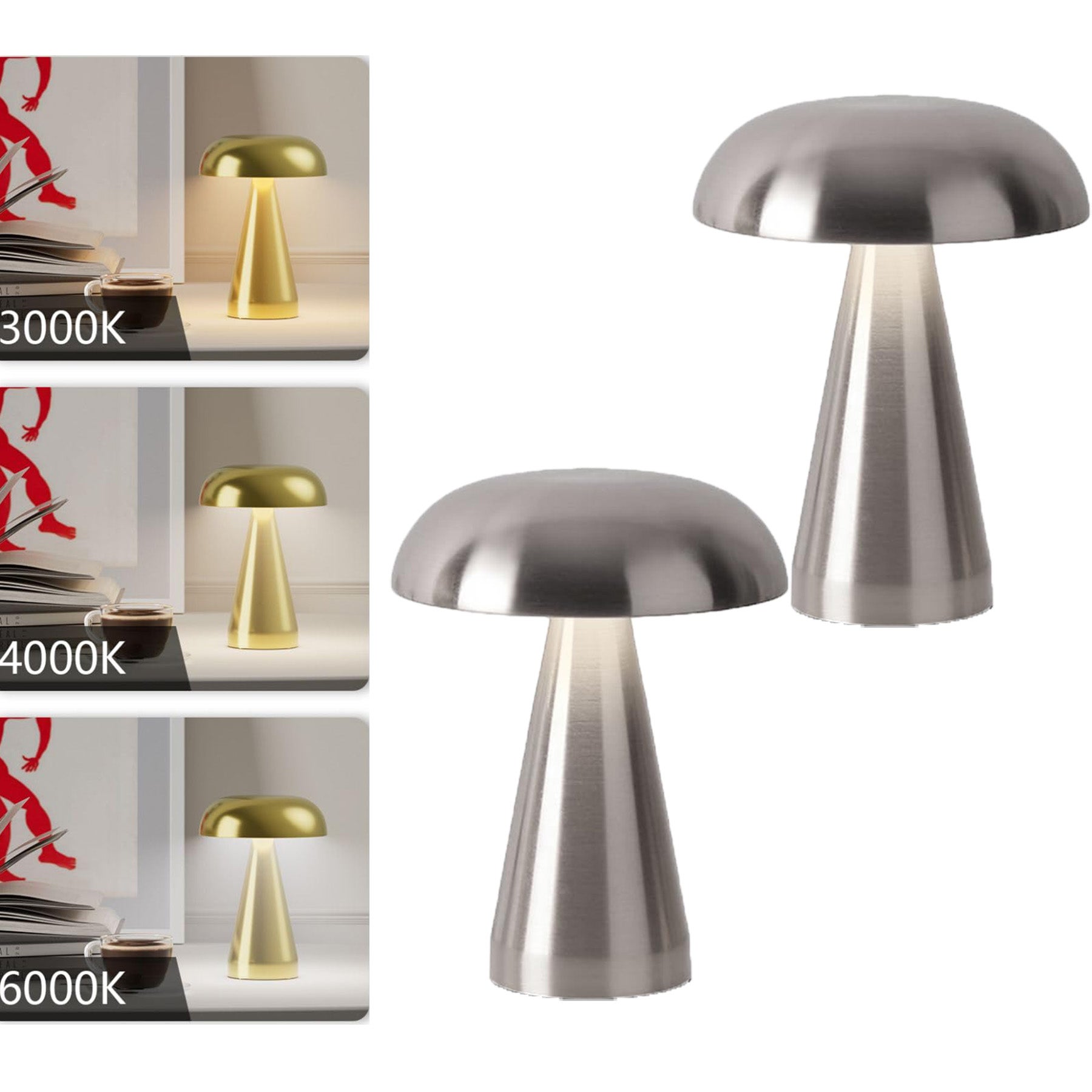 Zestaw lampa stołowa LED grzybowa metalowa lampa stołowa dotykowa bezstopniowo ściemniana kolory do sypialni srebrny
