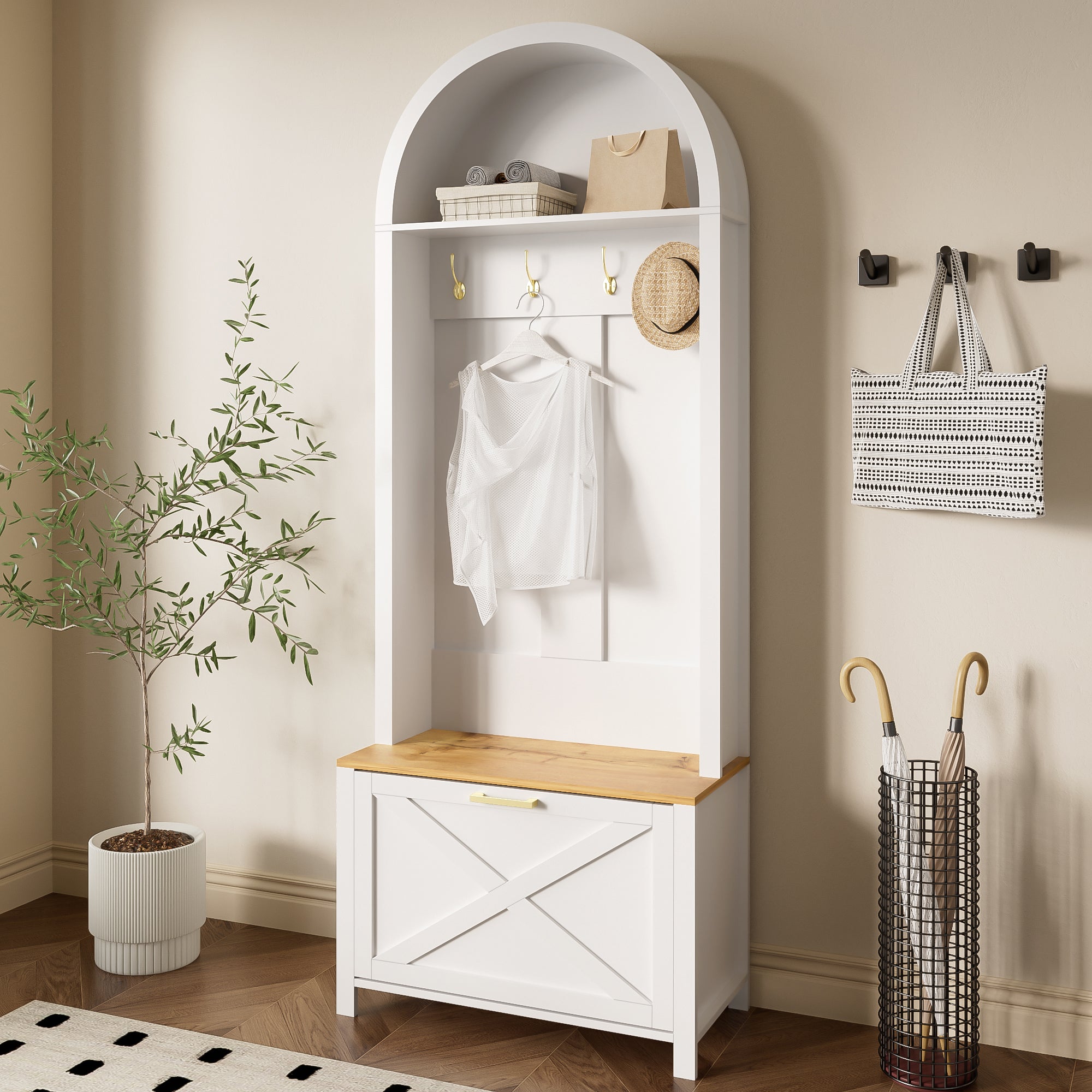 Ensemble vestiaire d'entrée 75x35x195 cm - Avec meuble à chaussures et crochets - Avec étagères - Blanc et naturel - 4