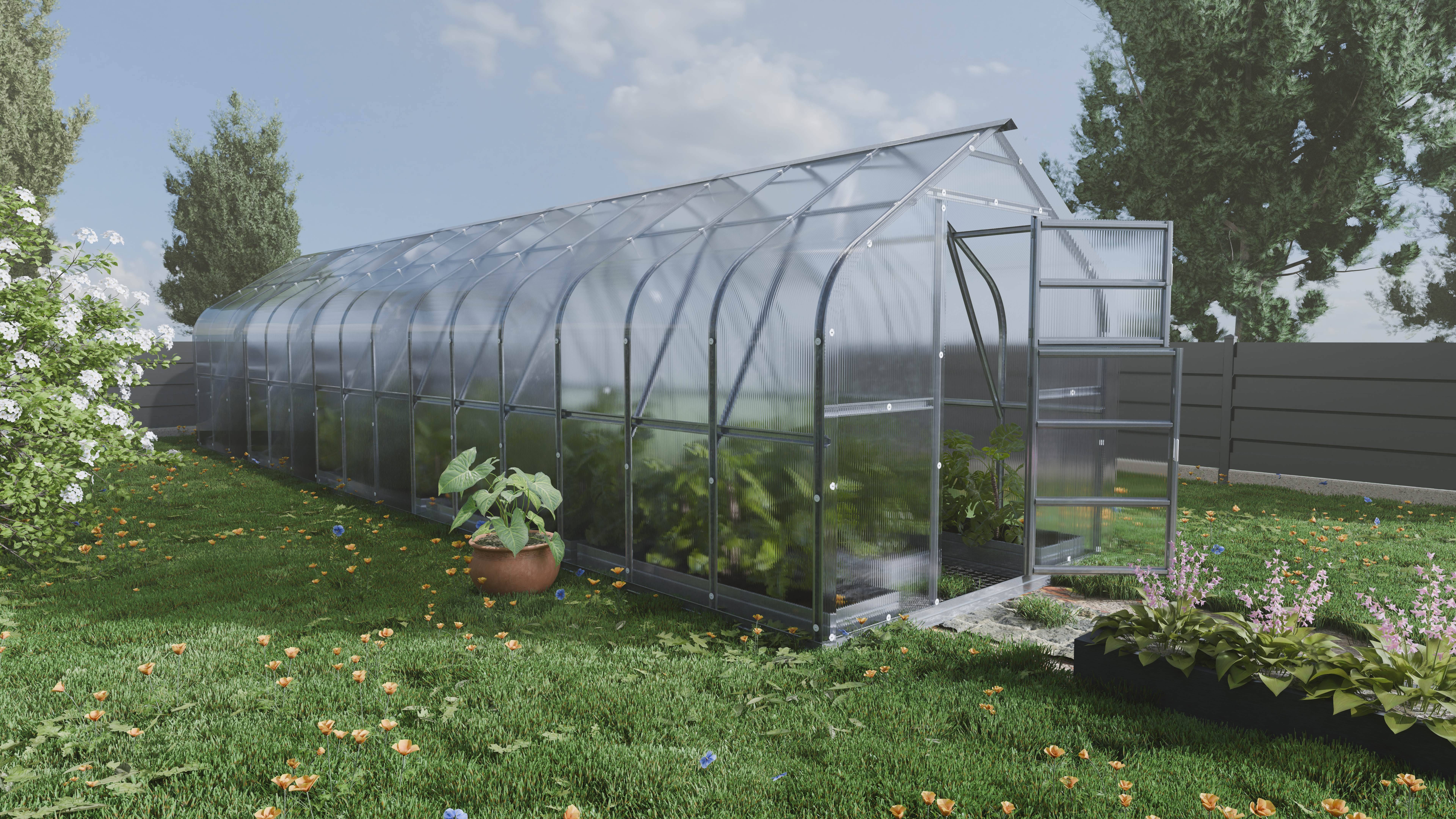 Szklarnia KLASIKA Standard 30 m2, 2,5 m x 12 m, 6 mm z pokryciem z poliwęglanu (z 6 automatycznymi otwieranymi dachami) 1szt.